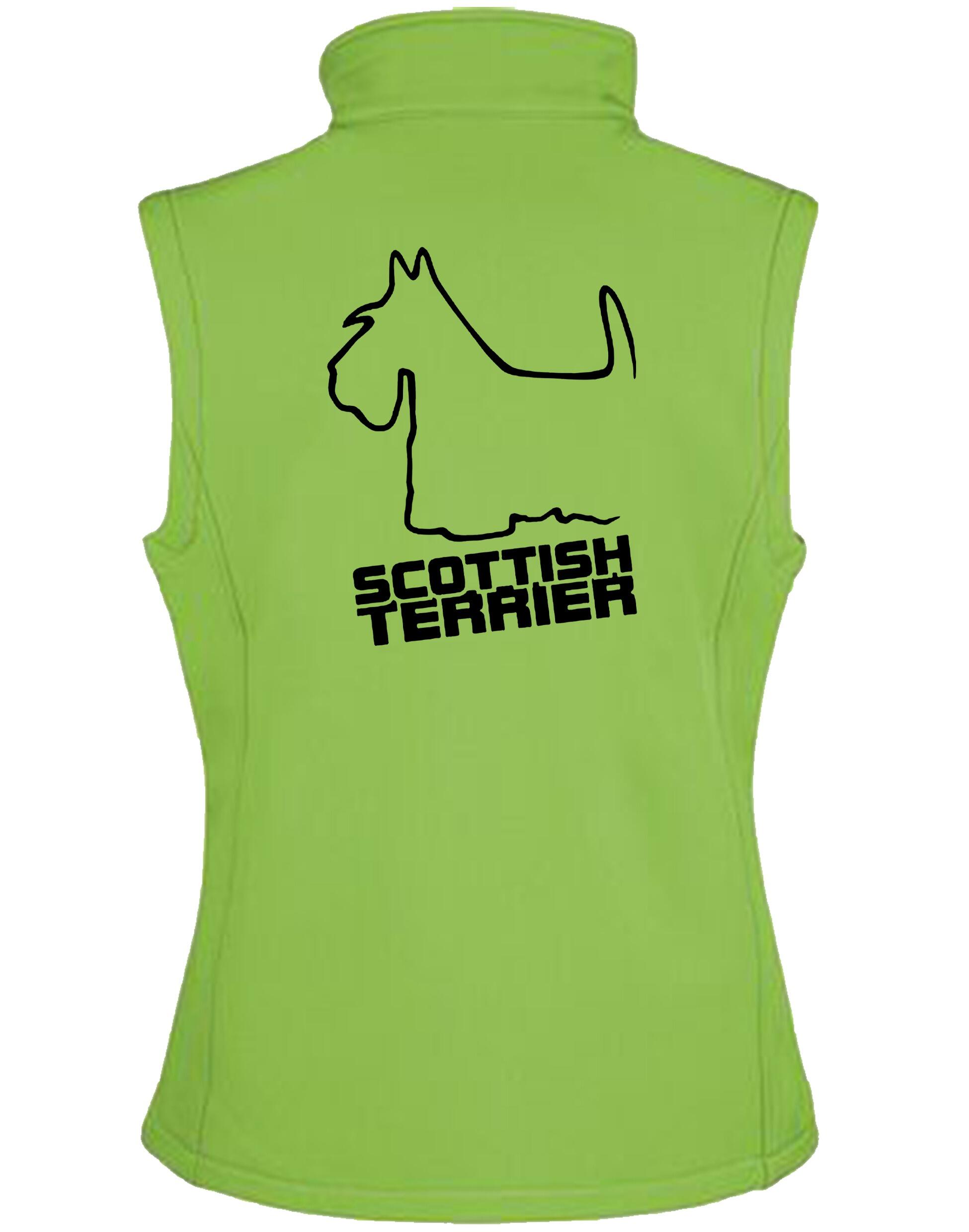 Scottish Terrier Unisex Softshell Gilet with breed artwork, water-resistant fabric, fleece lining, and unisex fit.