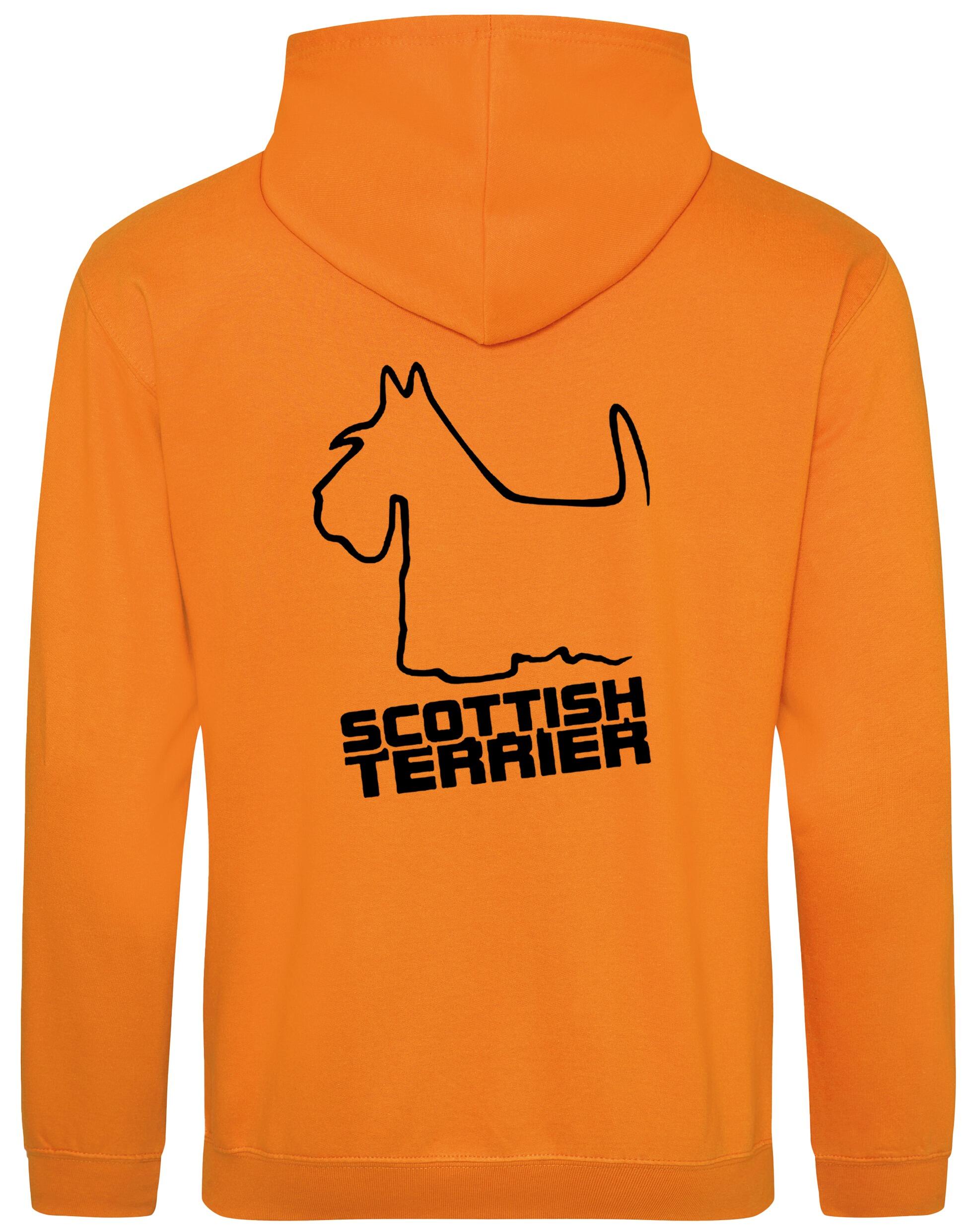 Scottish Terrier Design Pullover Hoodie with exclusive artwork, heavy-blend fabric, double-fabric hood, and paw print detail.
