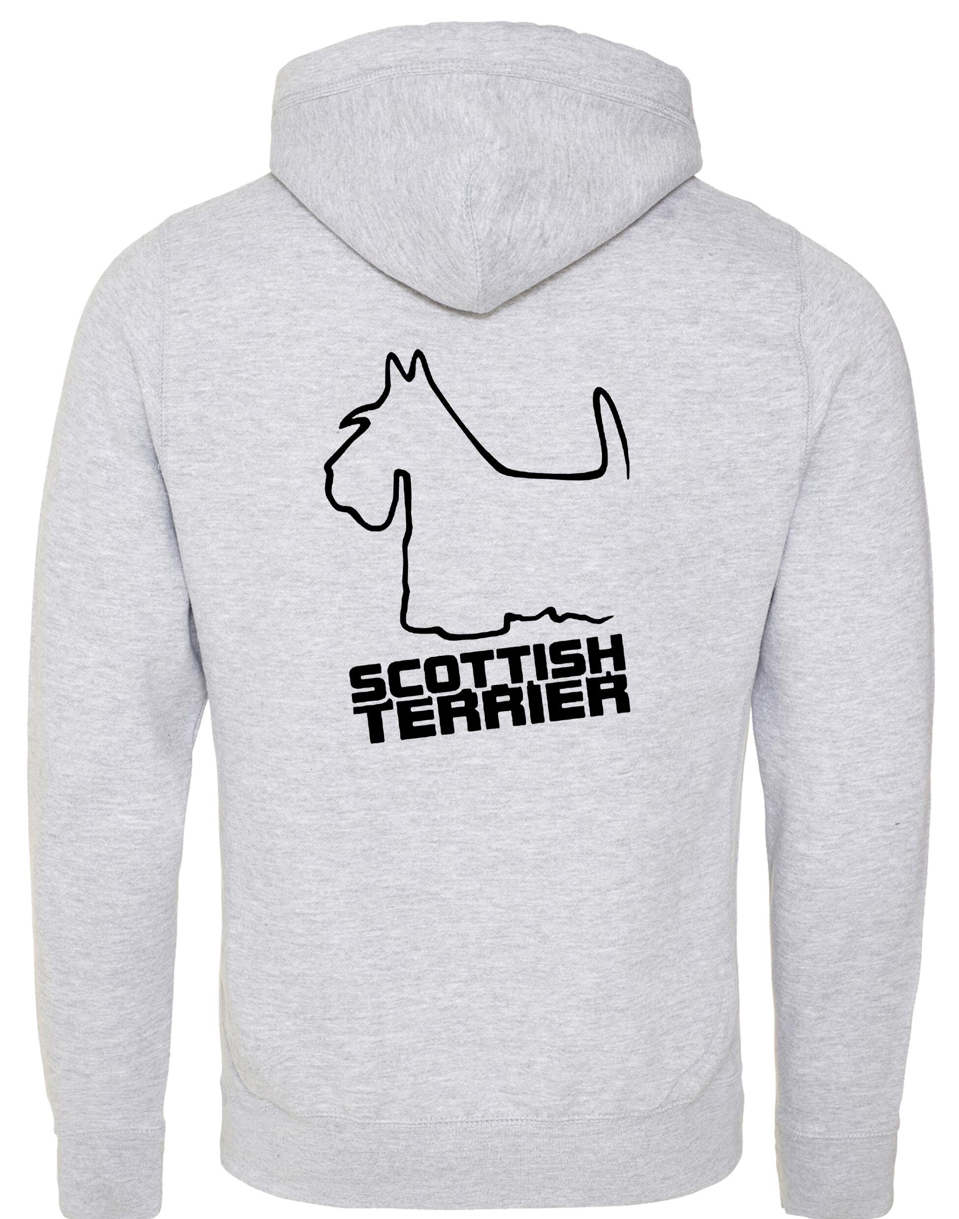 Scottish Terrier Crossneck Pullover Hoodie with exclusive breed artwork, modern crossneck design, brushed fleece lining, and kangaroo pocket.