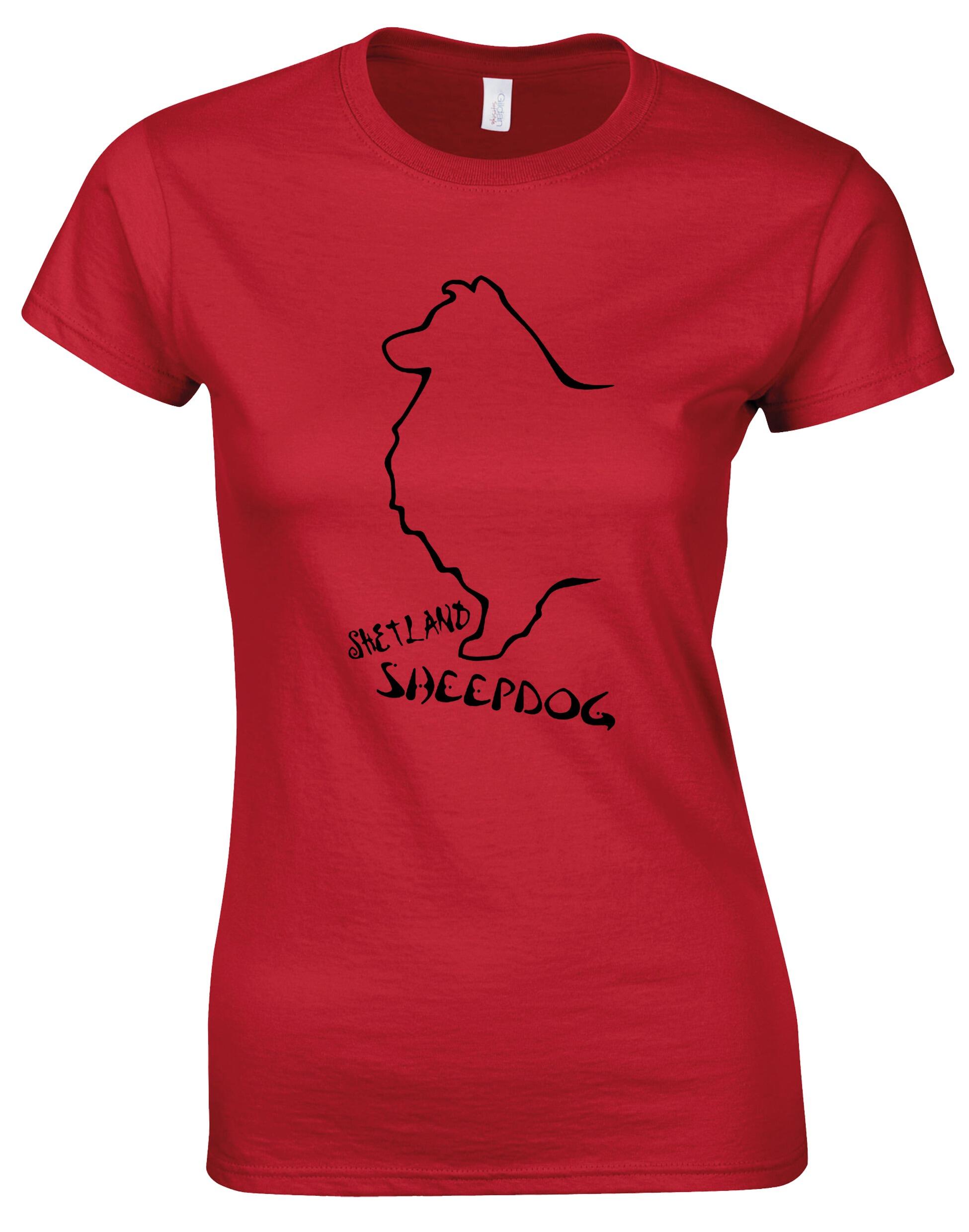 Female Roundneck T-shirt featuring exclusive Shetland Sheepdog graphic design.