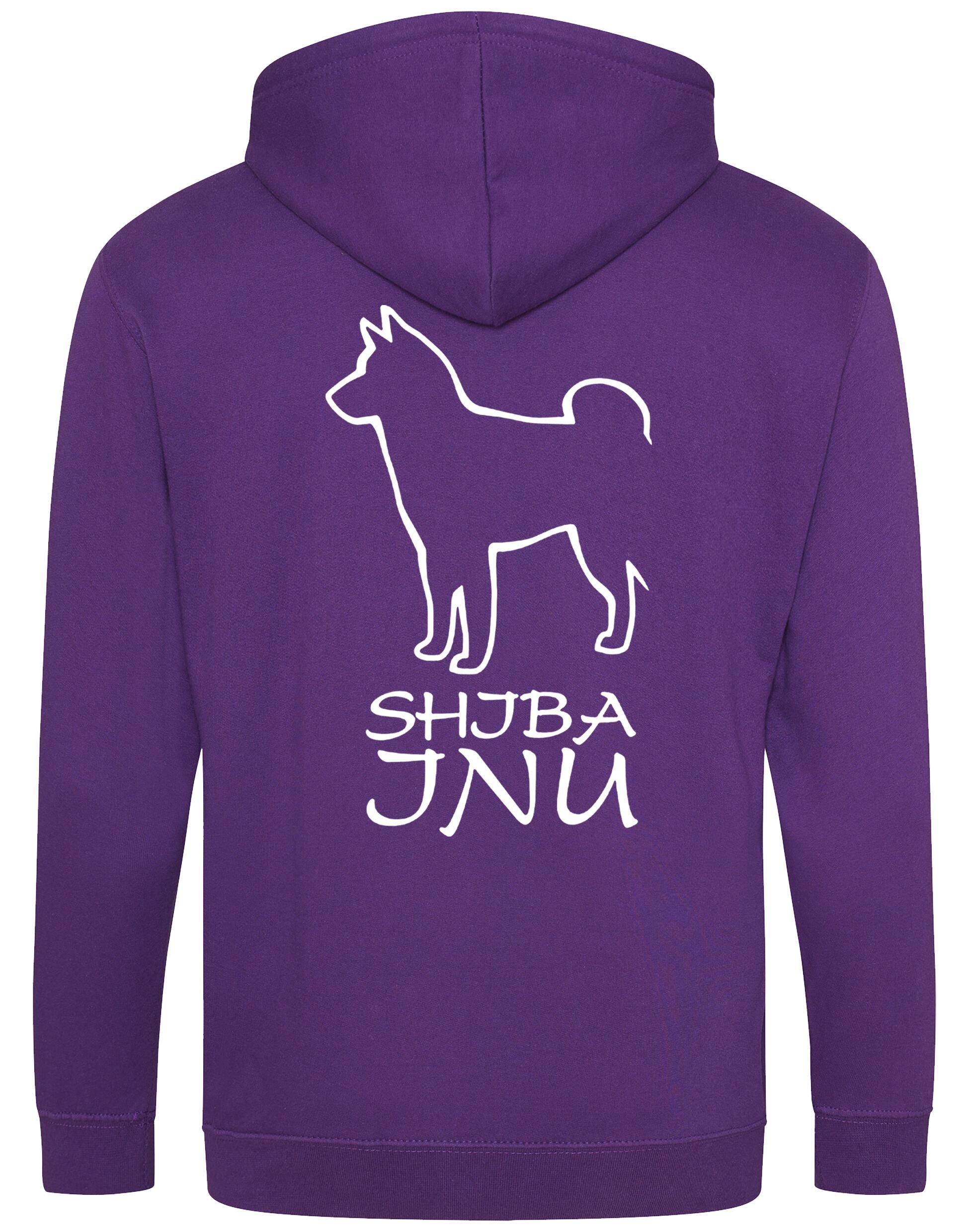 Unisex zipped hoodie featuring exclusive Shiba Inu artwork on the back, paw prints on the front, full-length zip, cozy brushed fleece lining, and front pockets – ideal for breed enthusiasts.