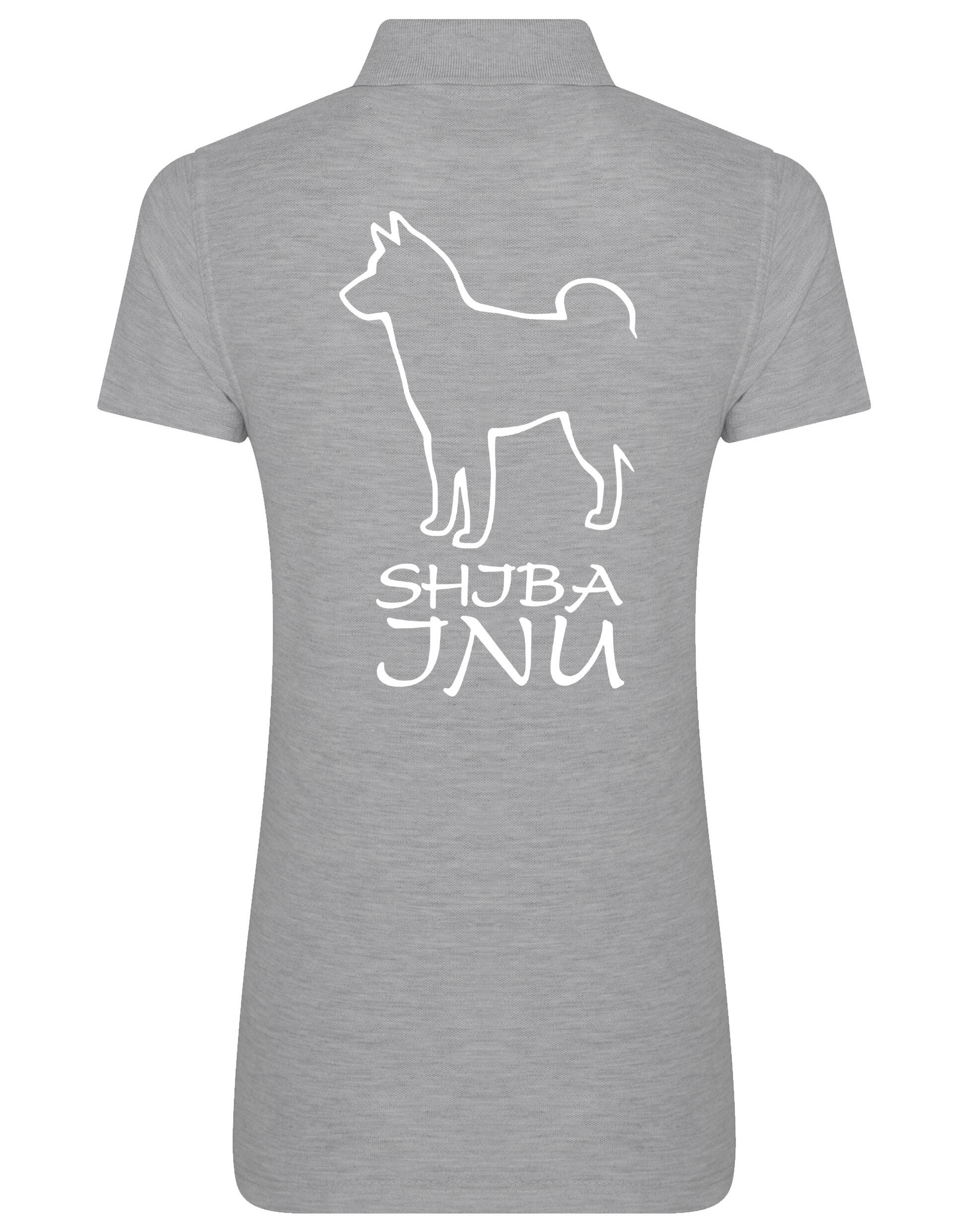 Women's cotton polo shirt featuring exclusive Shiba Inu artwork on the back, designed with a flattering feminine fit and breathable fabric, ideal for casual outings and breed events.