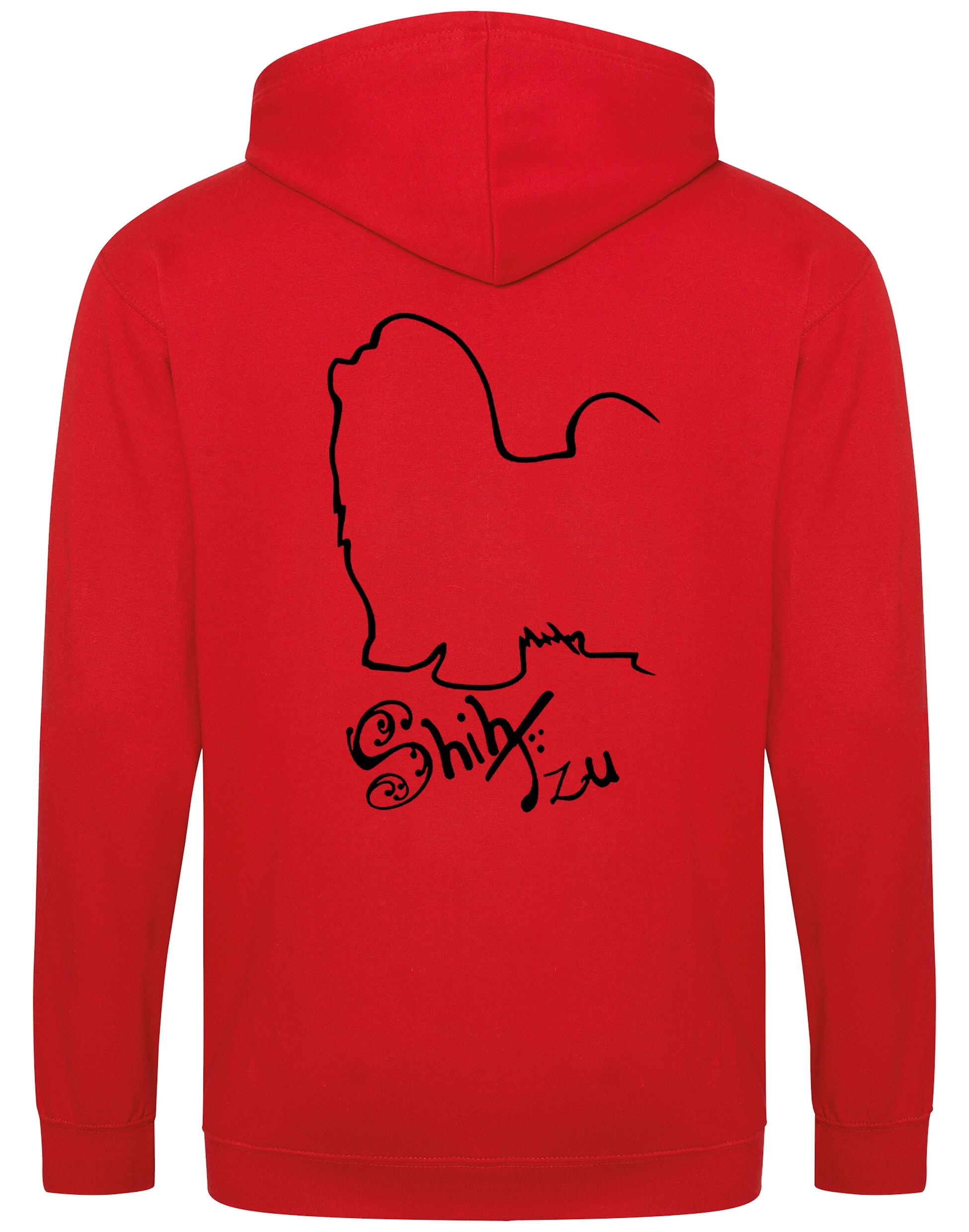 Shih Tzu zipped hoodie with paw prints on the front and detailed breed design on the back, full-zip style with hood and pockets, perfect for breed lovers.