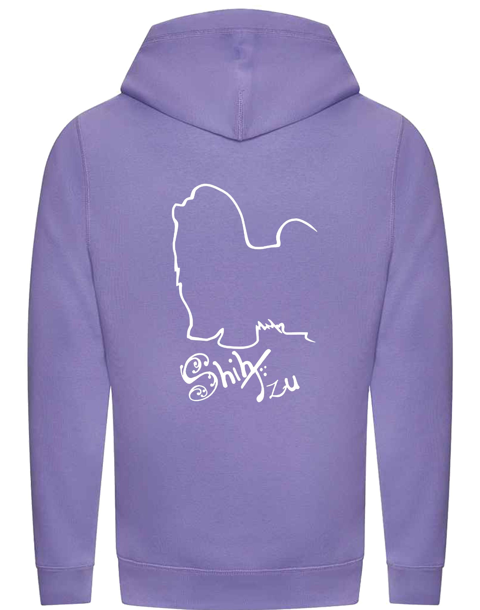 Unisex Shih Tzu crossneck hoodie with fleece lining and detailed breed design on the back, featuring kangaroo pocket and modern collar style.