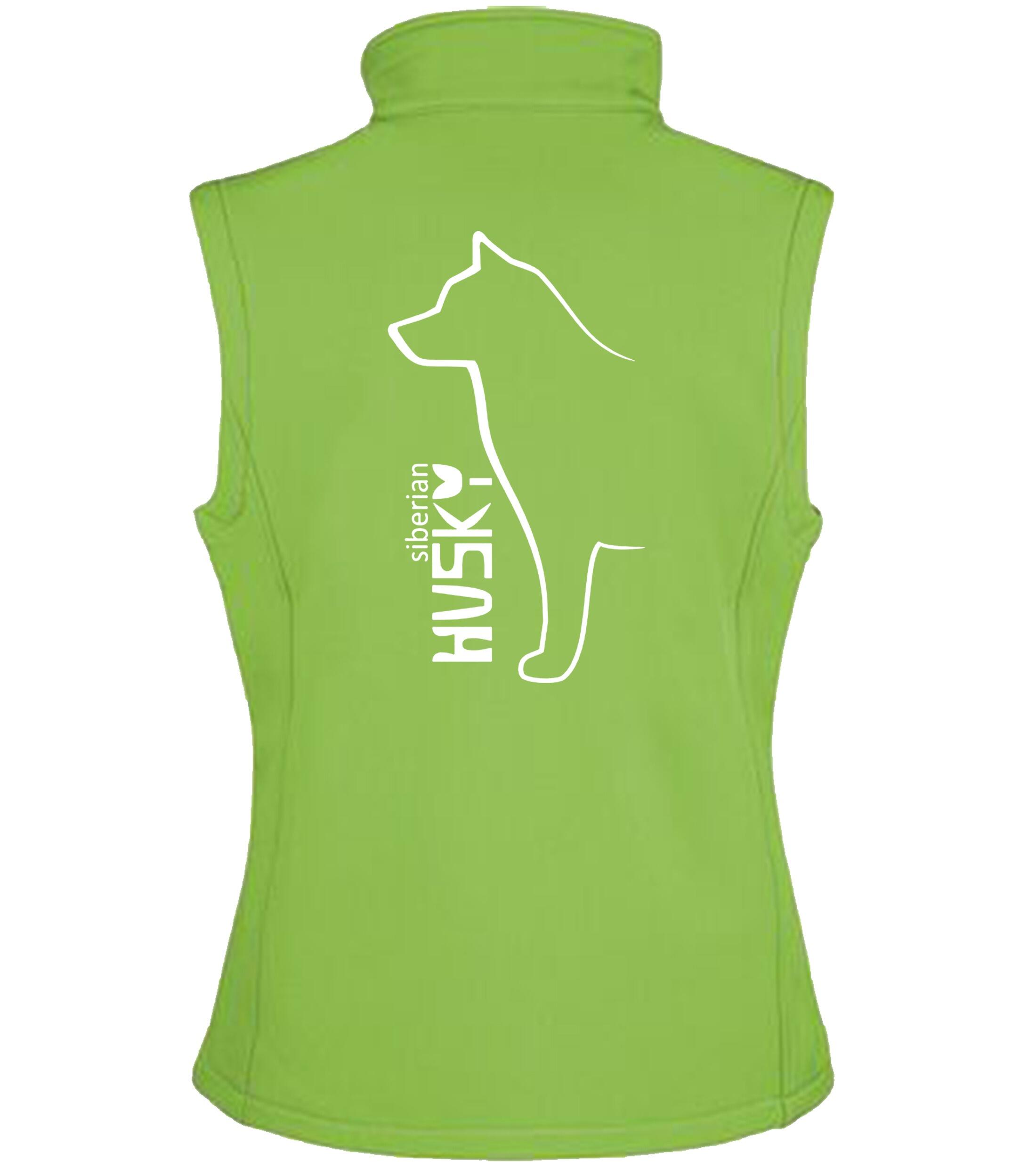 Women’s softshell gilet featuring exclusive Siberian Husky artwork on the back, tailored fit with a full-zip front and side pockets—ideal for dog walking, events, and casual outdoor wear.
