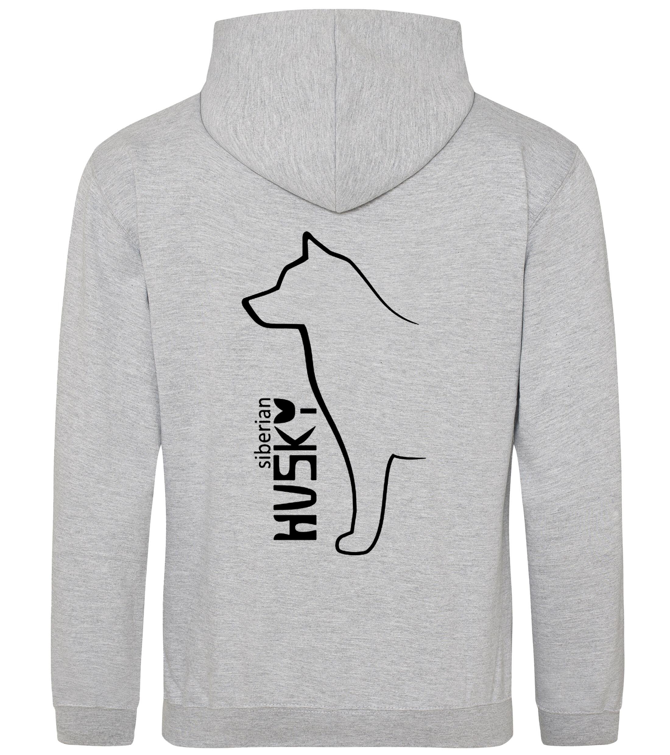 Unisex pullover hoodie featuring a detailed Siberian Husky design on the back with paw prints on the front, brushed fleece interior, double-fabric hood, and kangaroo pocket – ideal for dog walks, events, or lounging in style.