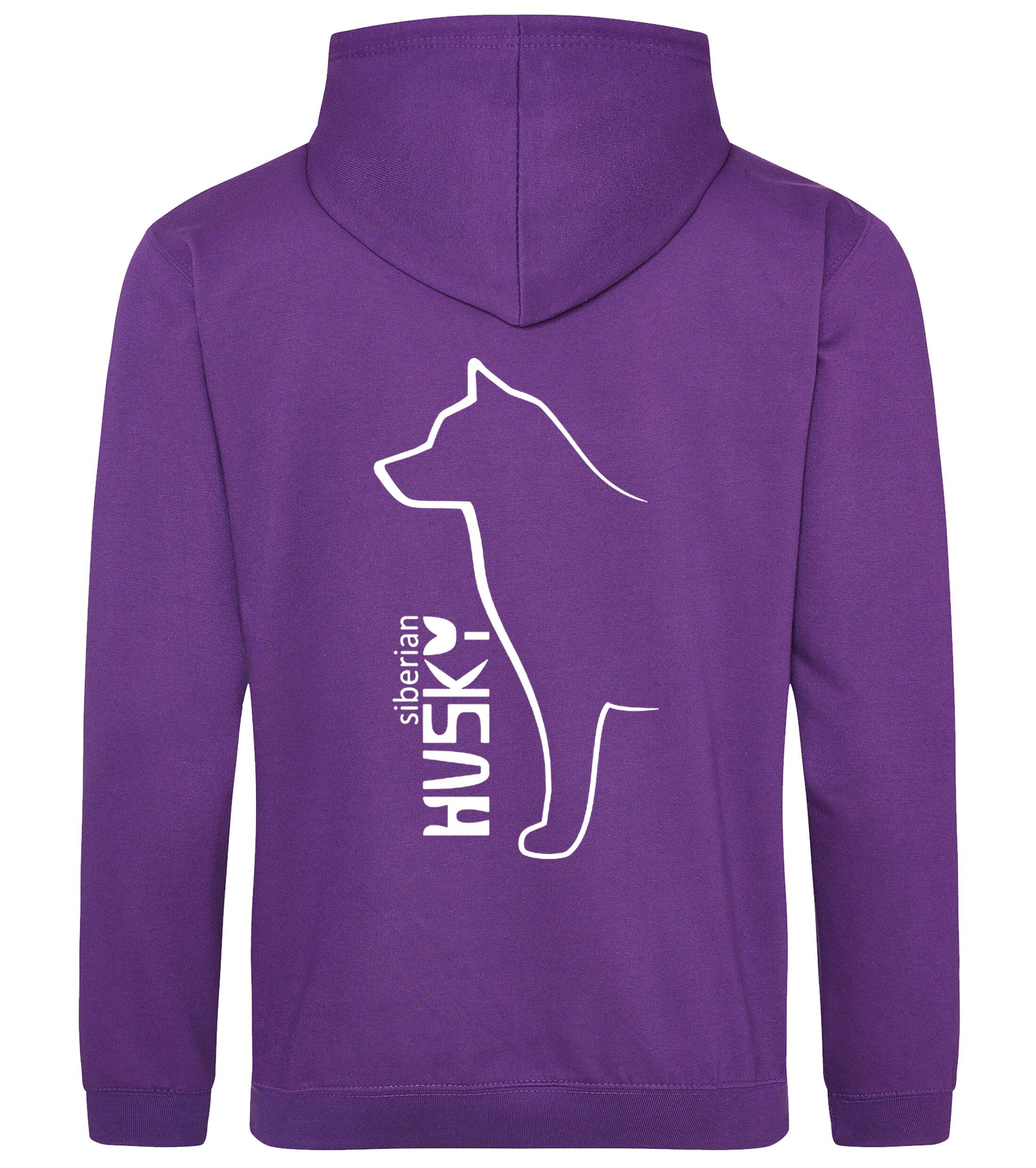 Unisex pullover hoodie featuring a detailed Siberian Husky design on the back with paw prints on the front, brushed fleece interior, double-fabric hood, and kangaroo pocket – ideal for dog walks, events, or lounging in style.