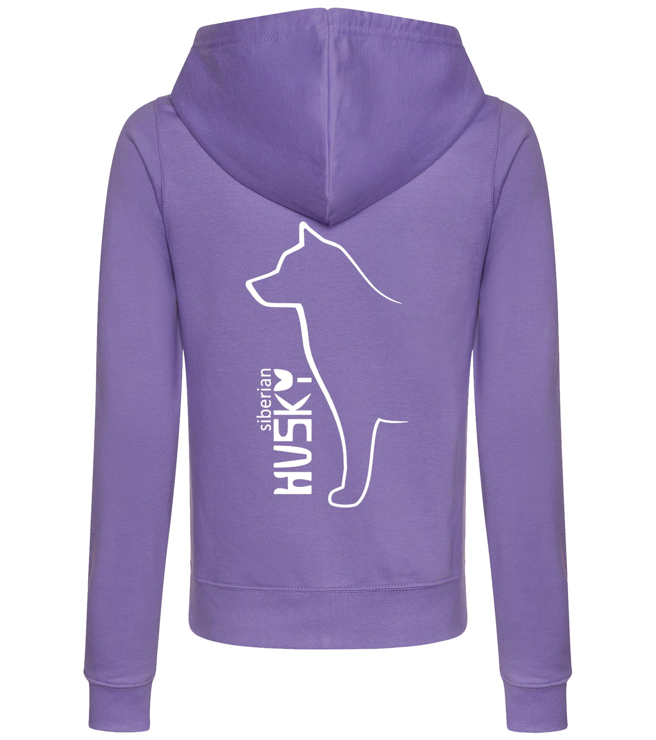 Women’s zipped hoodie featuring exclusive Siberian Husky artwork on the back, soft breathable fabric, a feminine fit, practical front pockets, and a snug hood—ideal for daily wear, dog shows, or relaxing with your Husky.