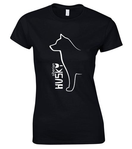 Female roundneck T-shirt featuring detailed Siberian Husky artwork on the front, made from soft breathable cotton with a flattering feminine fit—perfect for breed lovers and everyday wear.