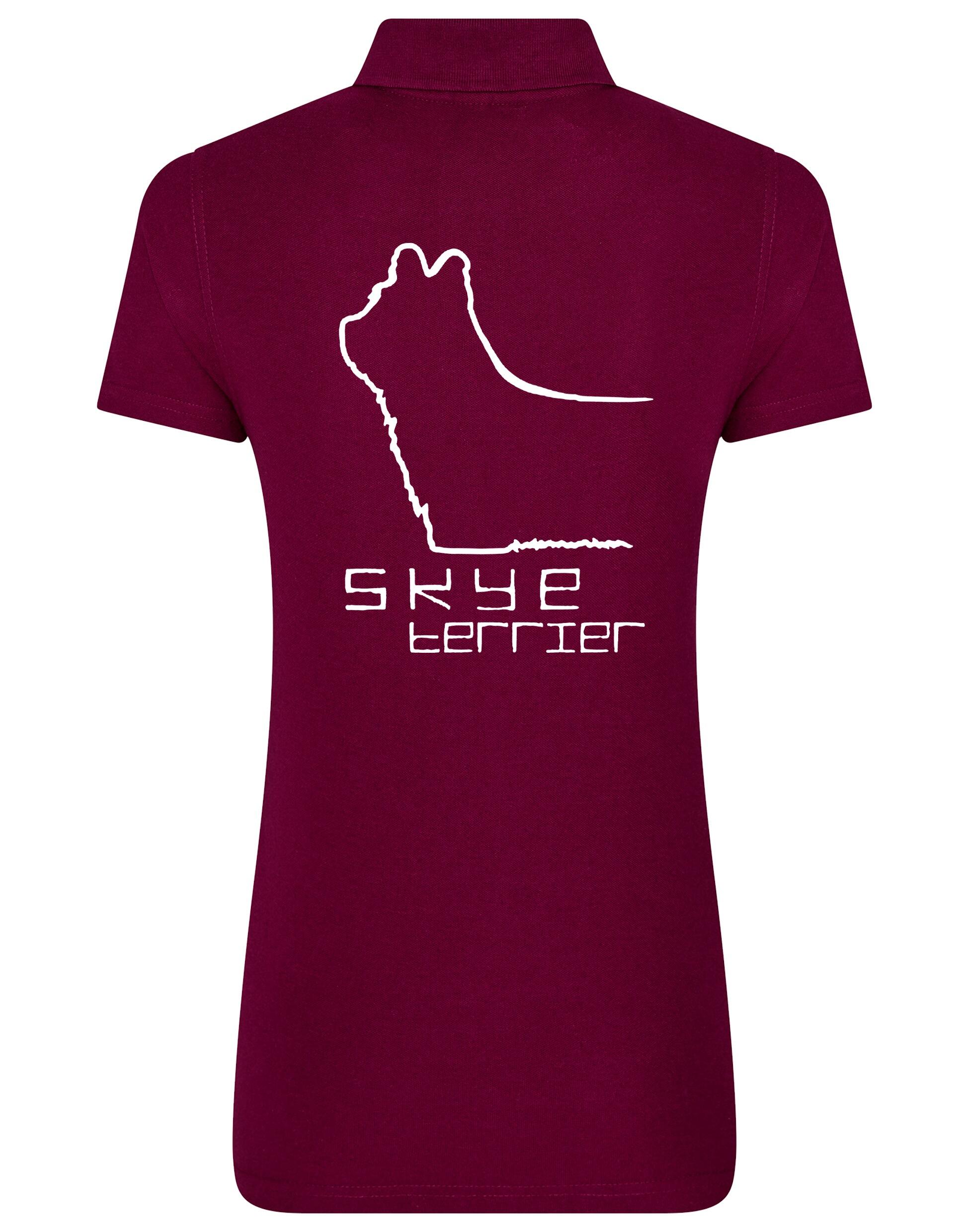 Women’s cotton polo featuring exclusive Skye Terrier artwork on the back. Soft and breathable with a flattering feminine fit, perfect for casual outings, dog shows, or breed club events.