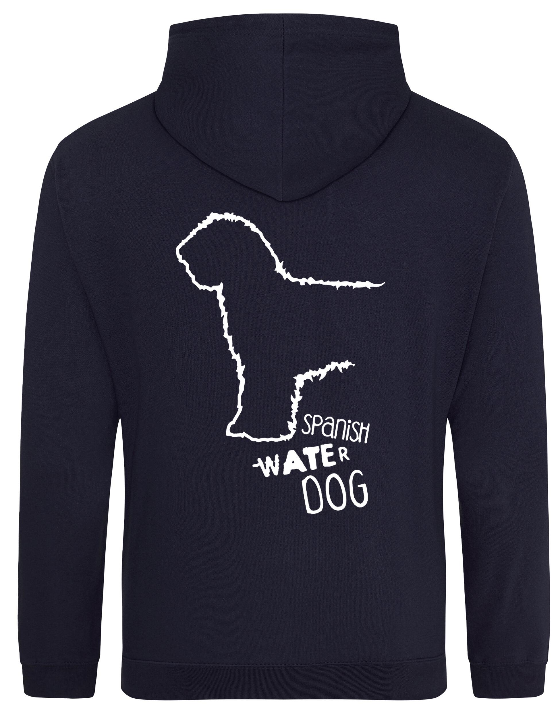 Pullover hoodie featuring Spanish Water Dog artwork on the back and paw prints on the front. Heavy-blend fabric with a brushed fleece interior, double-fabric hood, kangaroo pocket, and ribbed cuffs—ideal for cold weather, breed events, and casual comfort.