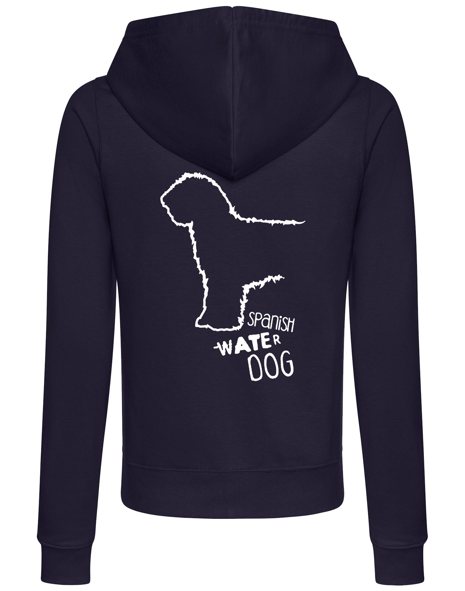 Women’s zipped hoodie featuring Spanish Water Dog artwork on the back. Lightweight, breathable fabric with a tailored feminine fit, cozy hood, and two front pockets. Ideal for casual wear, breed events, and everyday dog walks.