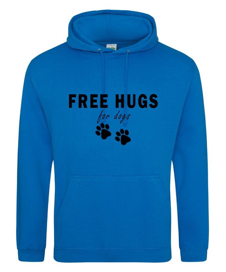 Free Hugs Design on a Sapphire Blue Pullover Hoodie Black Print
