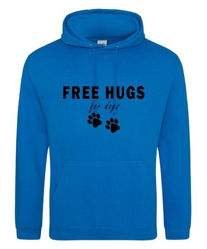 Free Hugs Design on a Sapphire Blue Pullover Hoodie Black Print
