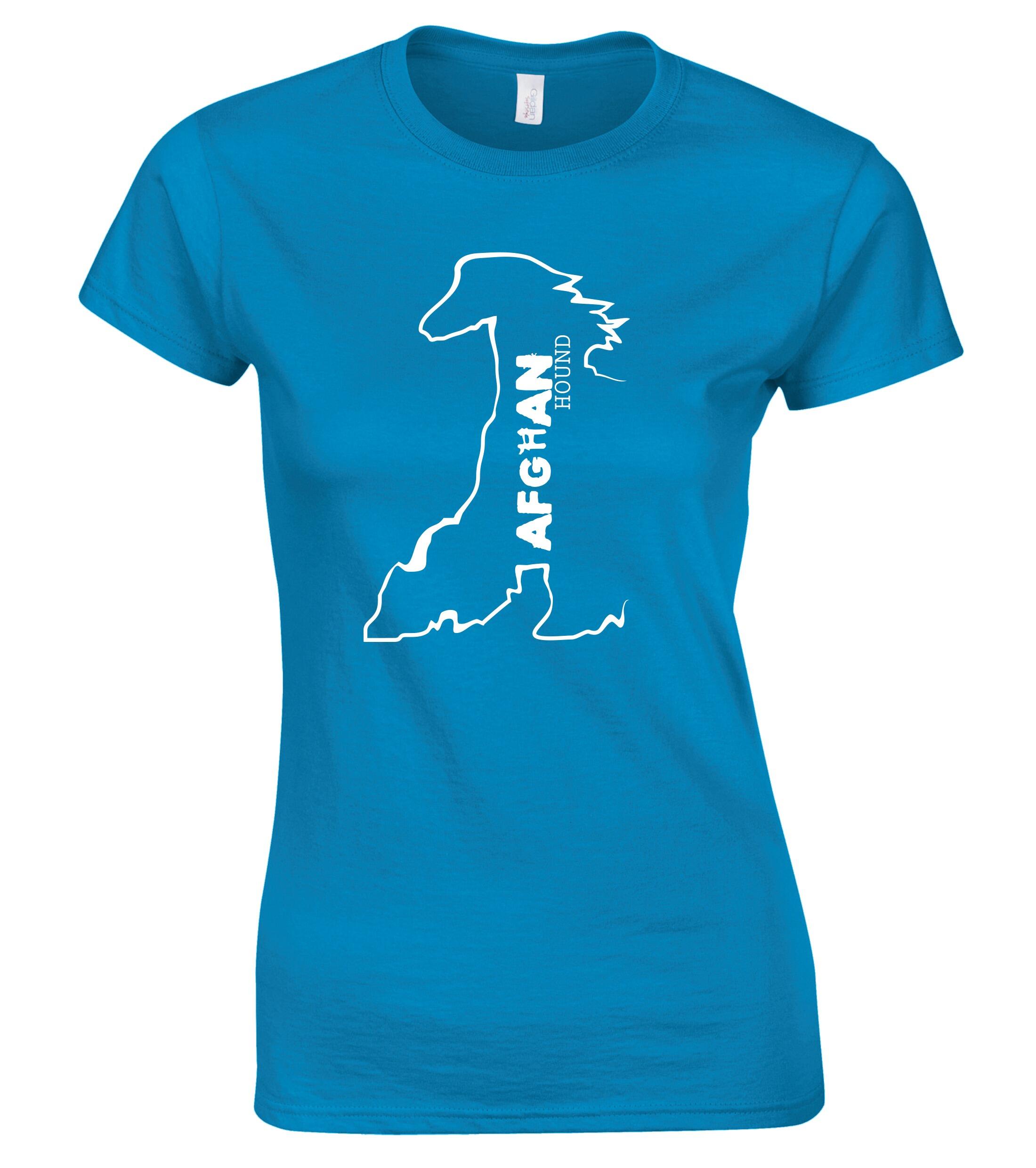 Female Afghan Hound Roundneck T-Shirt Sapphire Blue (White)