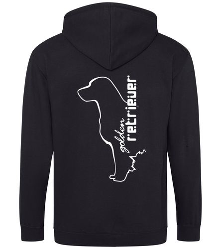 Golden Retriever zipped hoodie featuring an exclusive breed design, heavy-blend fabric with a brushed fleece interior, full-zip closure, and practical pockets, perfect for Golden Retriever enthusiasts.