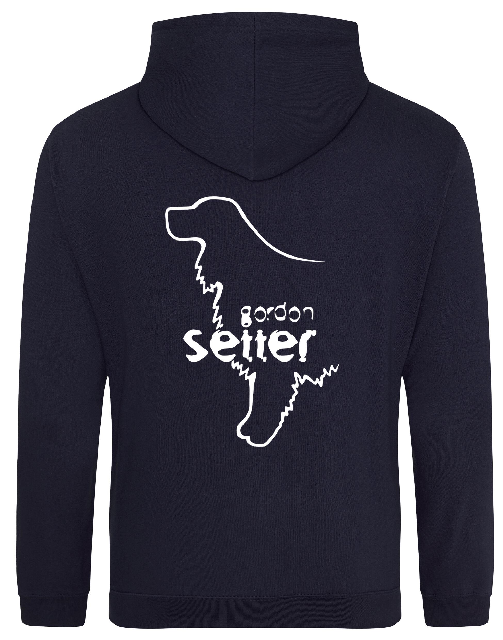 Pullover Hoodie featuring exclusive Gordon Setter design with paw prints, heavy-blend fabric, soft fleece lining, and personalization options.