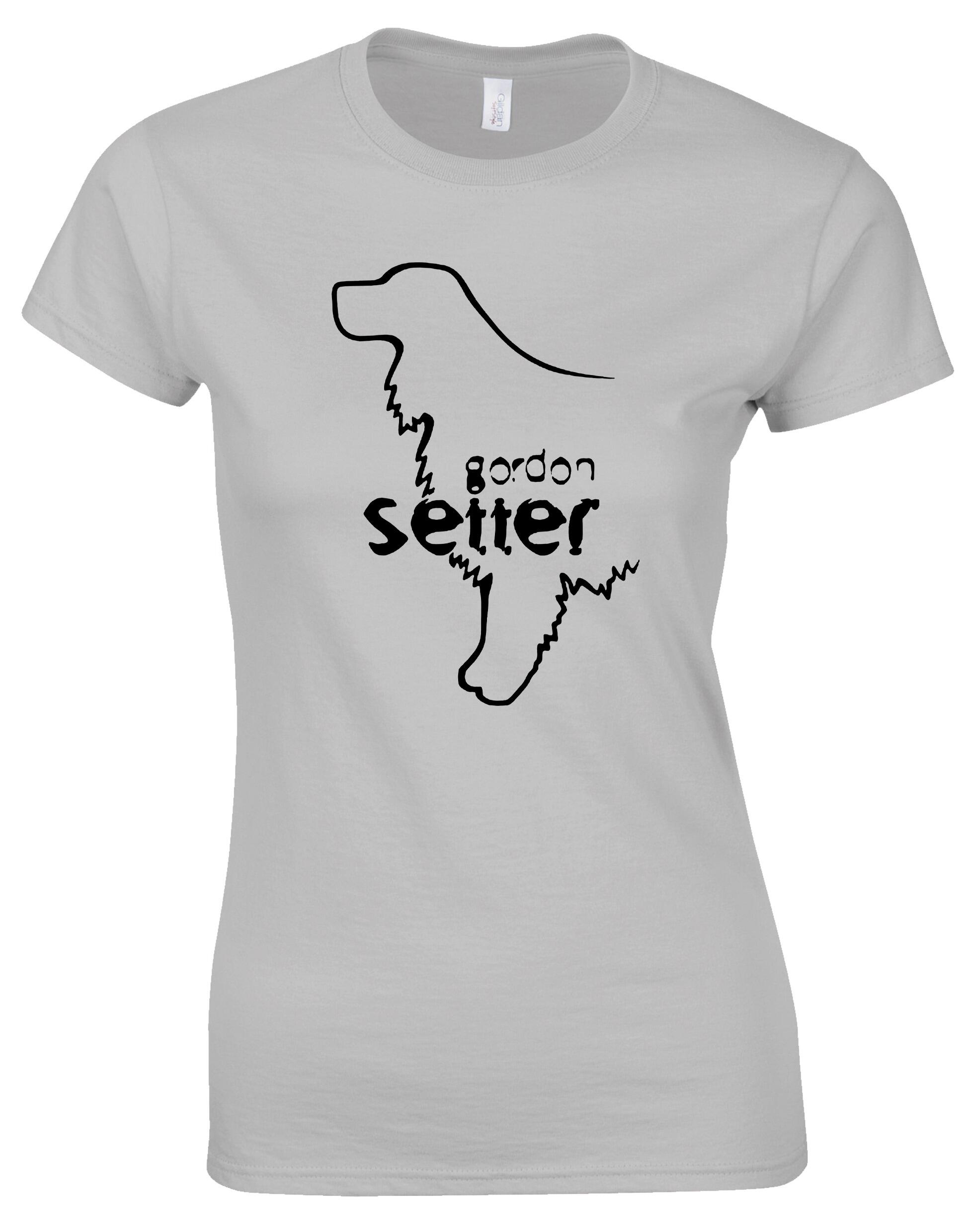 Female roundneck T-shirt featuring an exclusive Gordon Setter graphic design, crafted from soft, breathable cotton with a flattering feminine fit for casual wear.