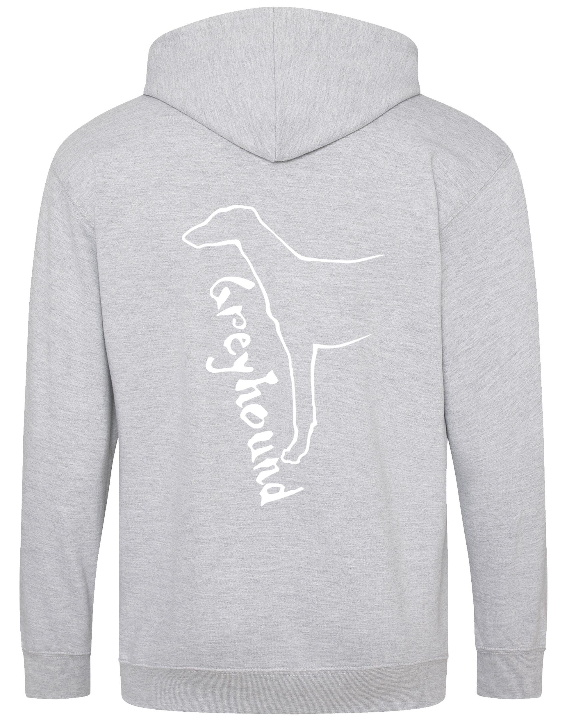 Greyhound zipped hoodie featuring exclusive breed design, cozy brushed fleece interior, full-zip closure, and personalization options, ideal for dog lovers.