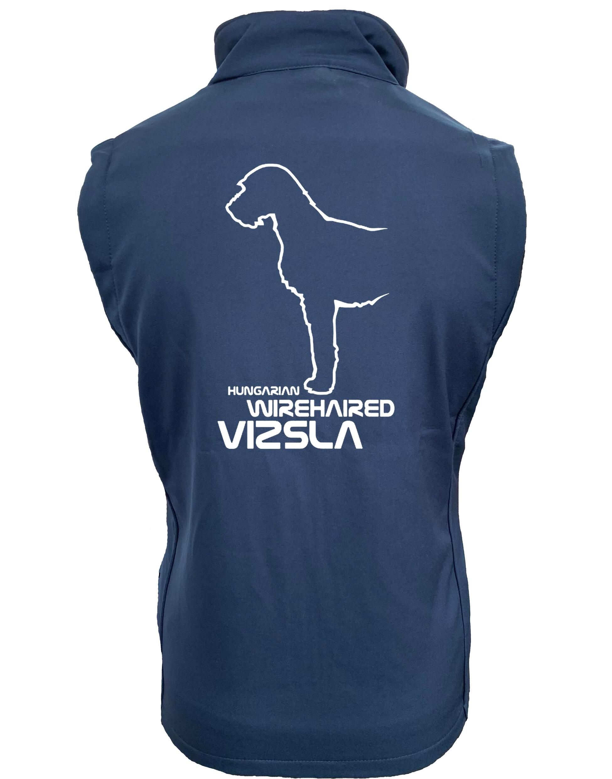Unisex softshell gilet featuring Hungarian Wirehaired Vizsla breed artwork – water-resistant, fleece-lined, perfect for outdoor activities and dog events.