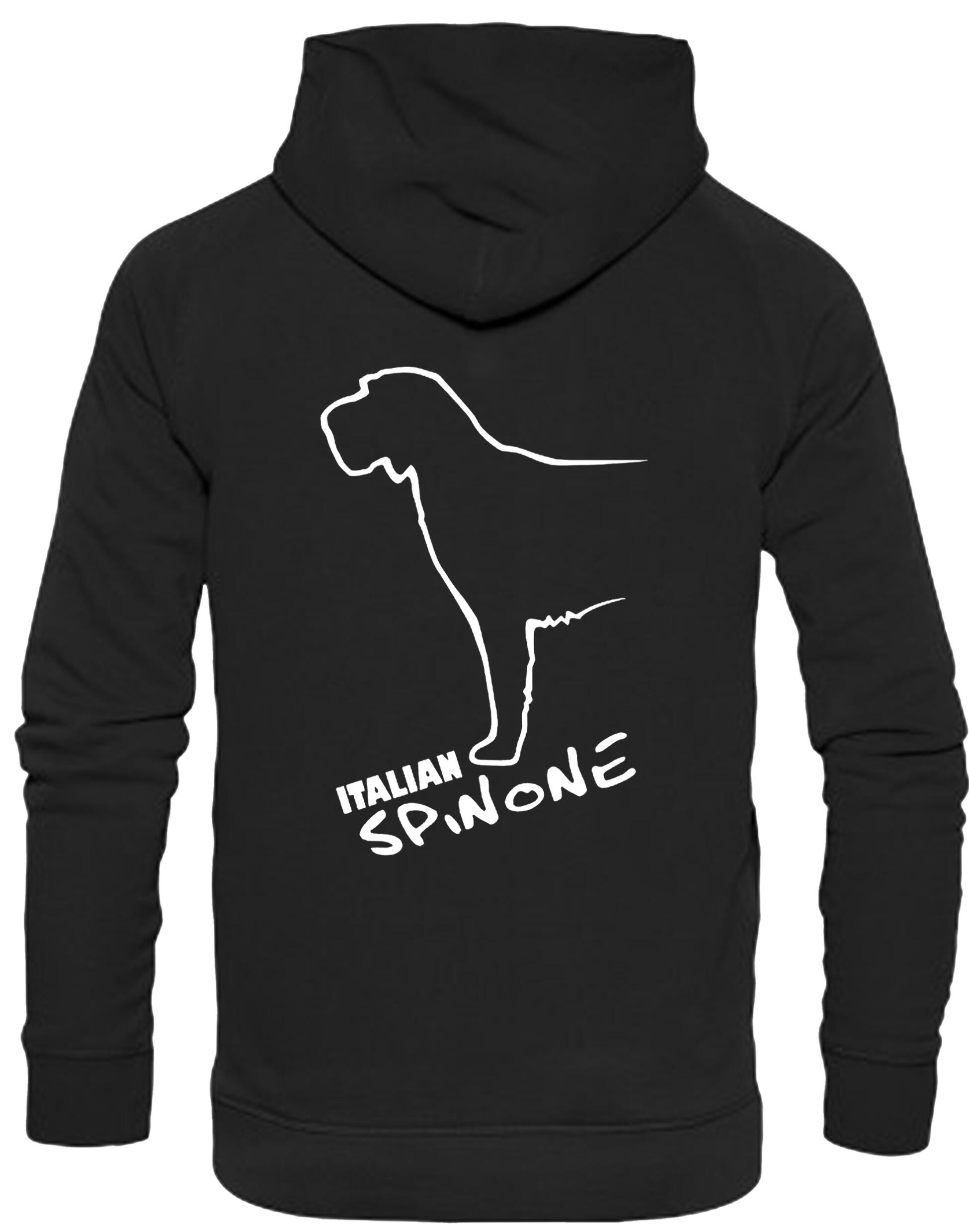 Italian Spinone pullover hoodie featuring exclusive breed artwork, paw print accents, kangaroo pocket, and double-fabric hood, personalized for dog lovers.