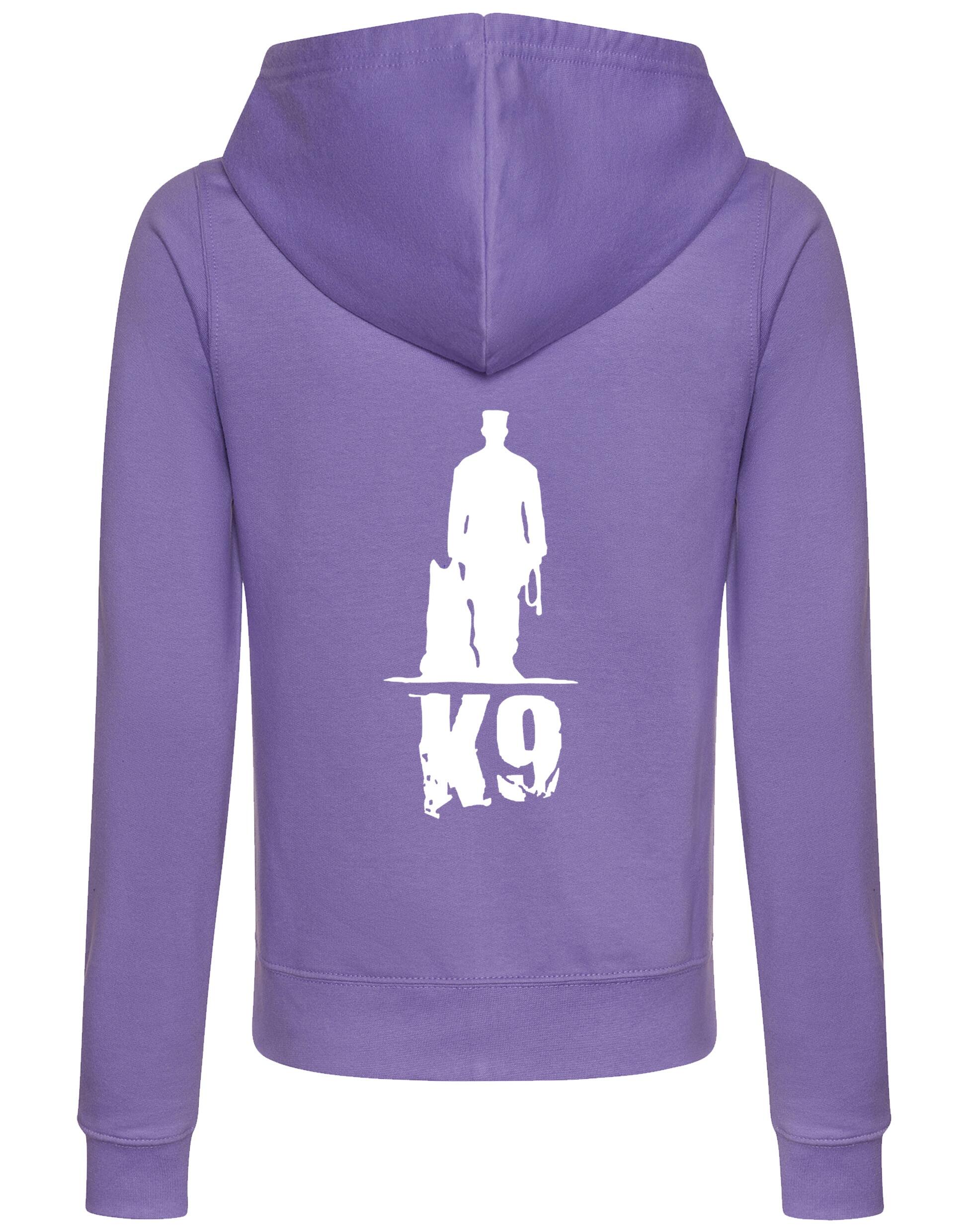 K9 women’s zipped hoodie featuring exclusive artwork, a full-zip closure, and practical pockets, designed for style and comfort in any activity.