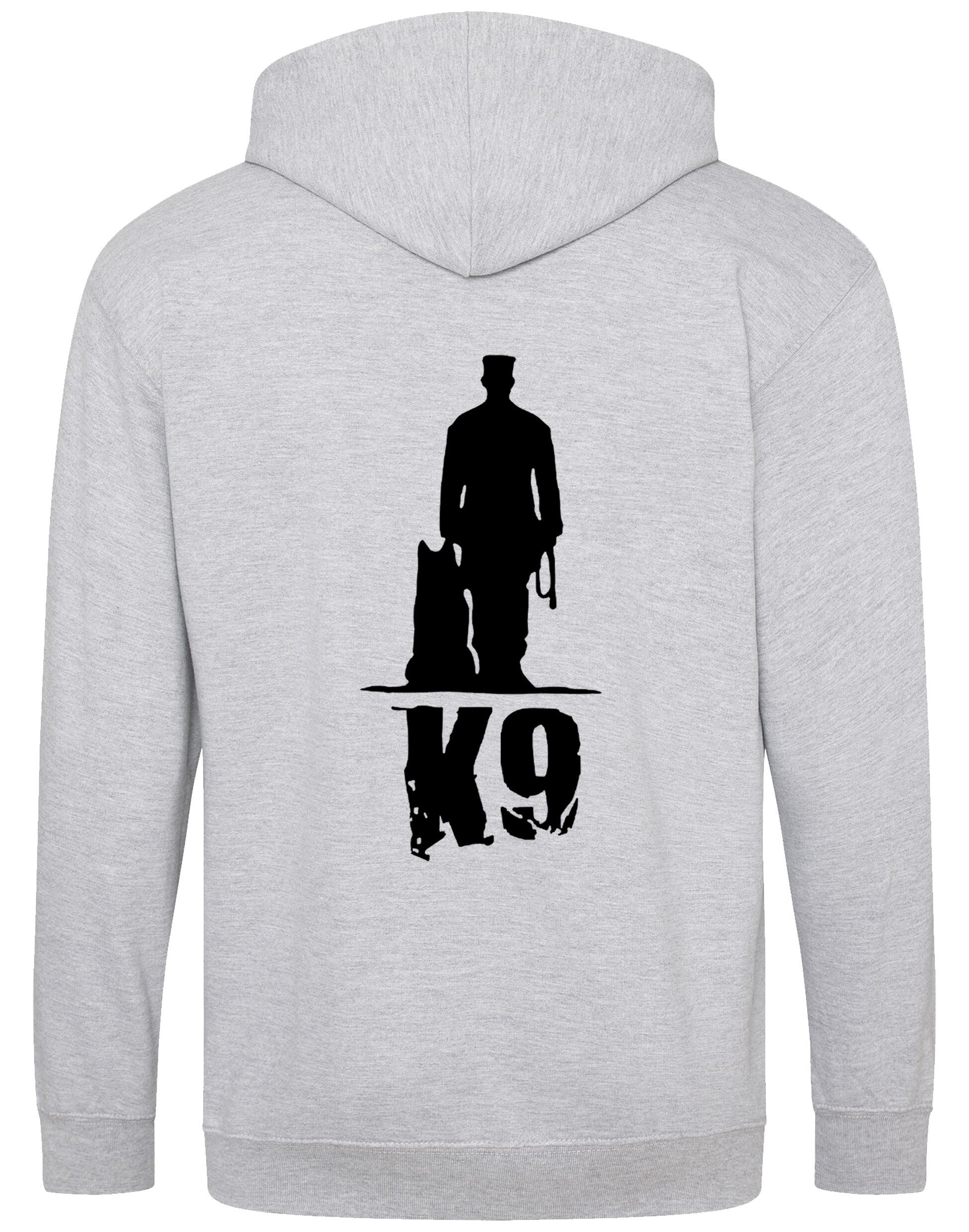 K9 zipped hoodie with exclusive artwork, full-zip closure, double-fabric hood, and spacious pockets, offering warmth, style, and comfort for dog enthusiasts.