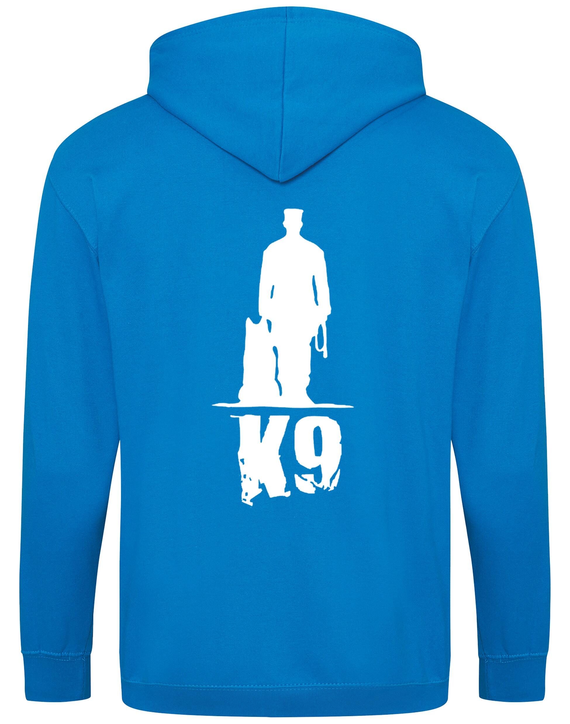 K9 zipped hoodie with exclusive artwork, full-zip closure, double-fabric hood, and spacious pockets, offering warmth, style, and comfort for dog enthusiasts.