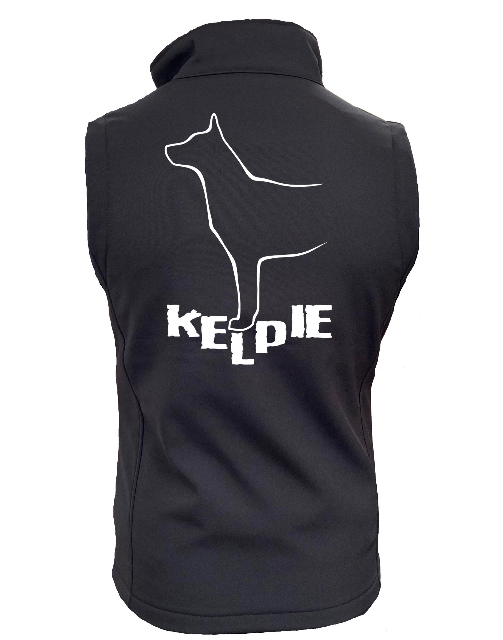 Kelpi Unisex Softshell Gilet with water-resistant fabric, cozy fleece lining, and exclusive Kelpi-inspired artwork, perfect for dog enthusiasts and outdoor adventures.