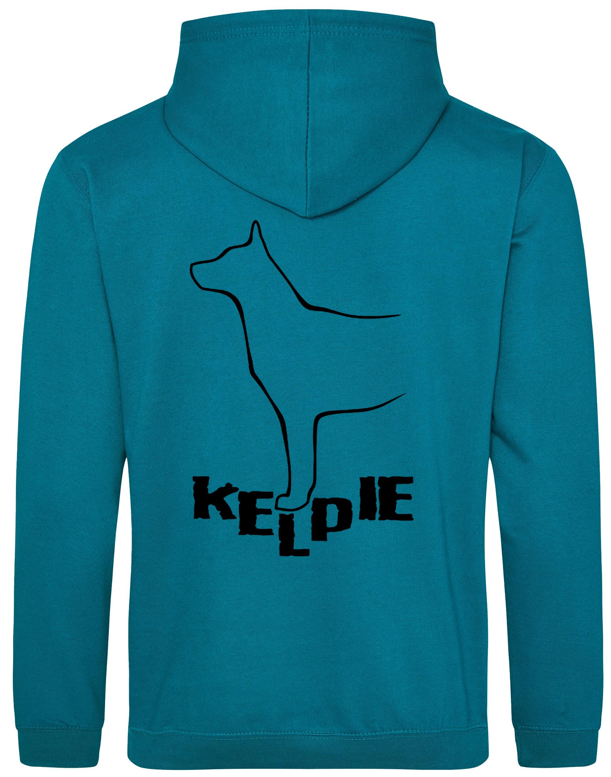 Kelpi Design Pullover Hoodie featuring exclusive breed-inspired artwork, cozy fleece interior, and personalization options for dog lovers.