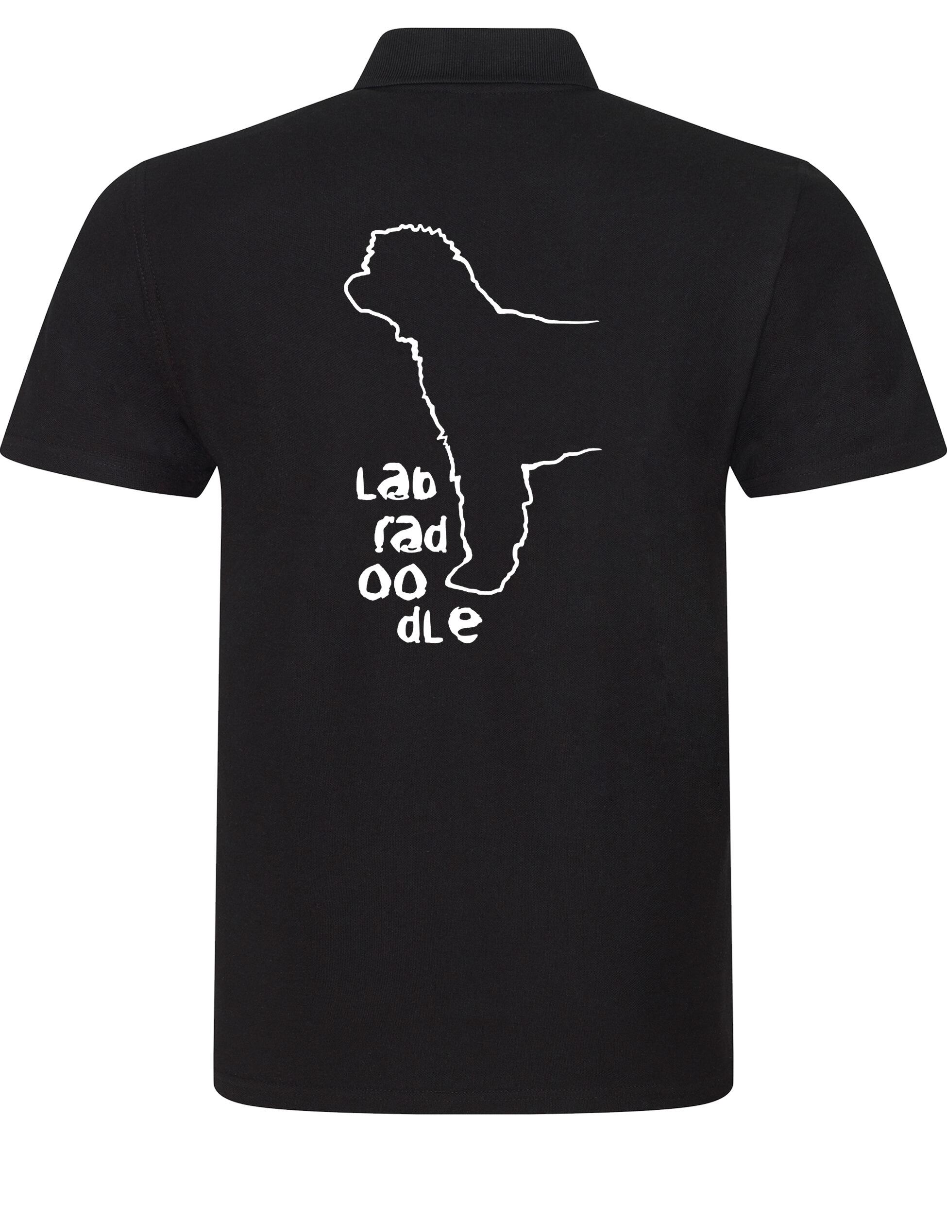 Unisex Cotton Polo with a vibrant Labradoodle design on the back, crafted from breathable fabric for lasting comfort and style.