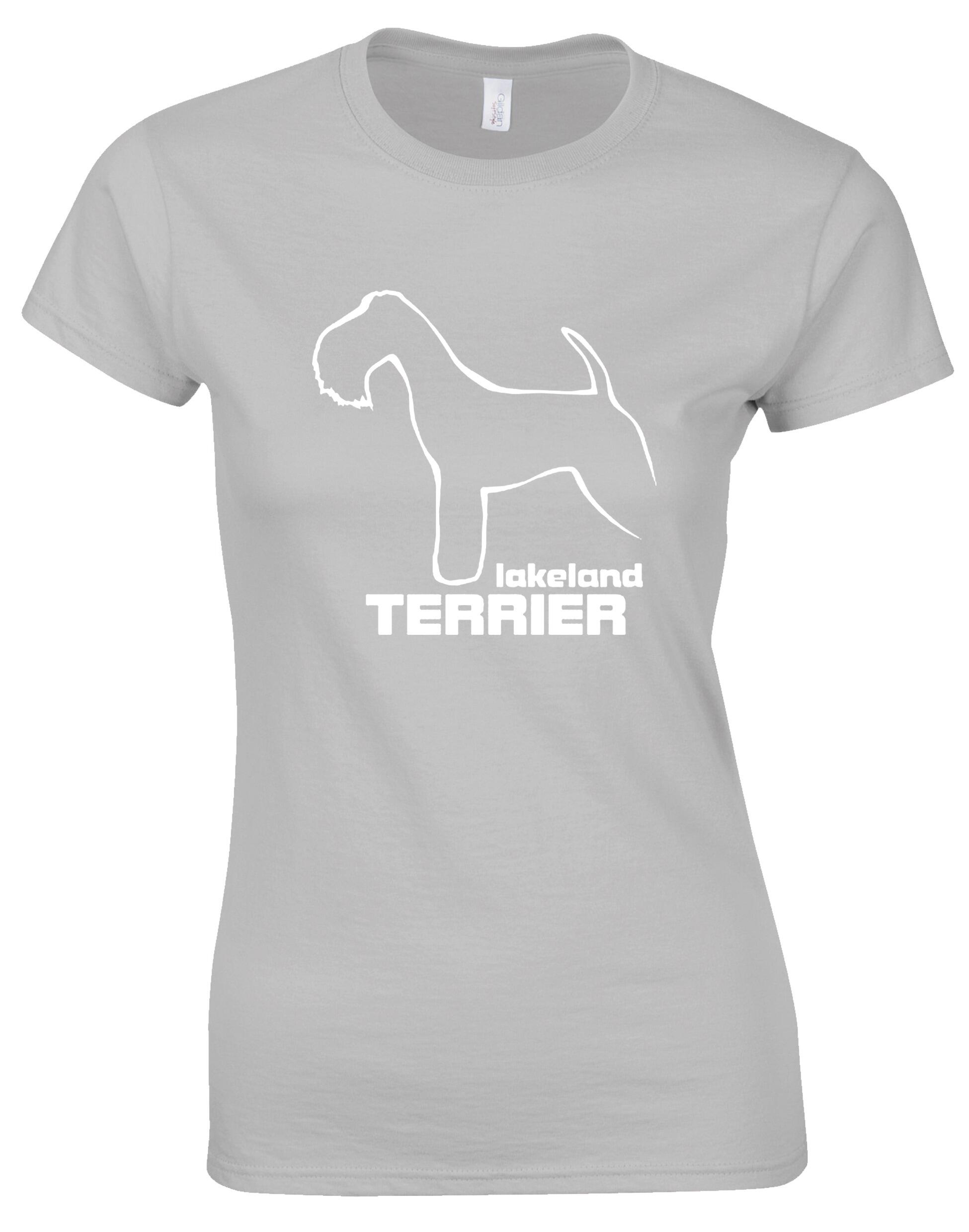 Stylish female roundneck T-shirt featuring an exclusive Lakeland Terrier design and premium cotton comfort.