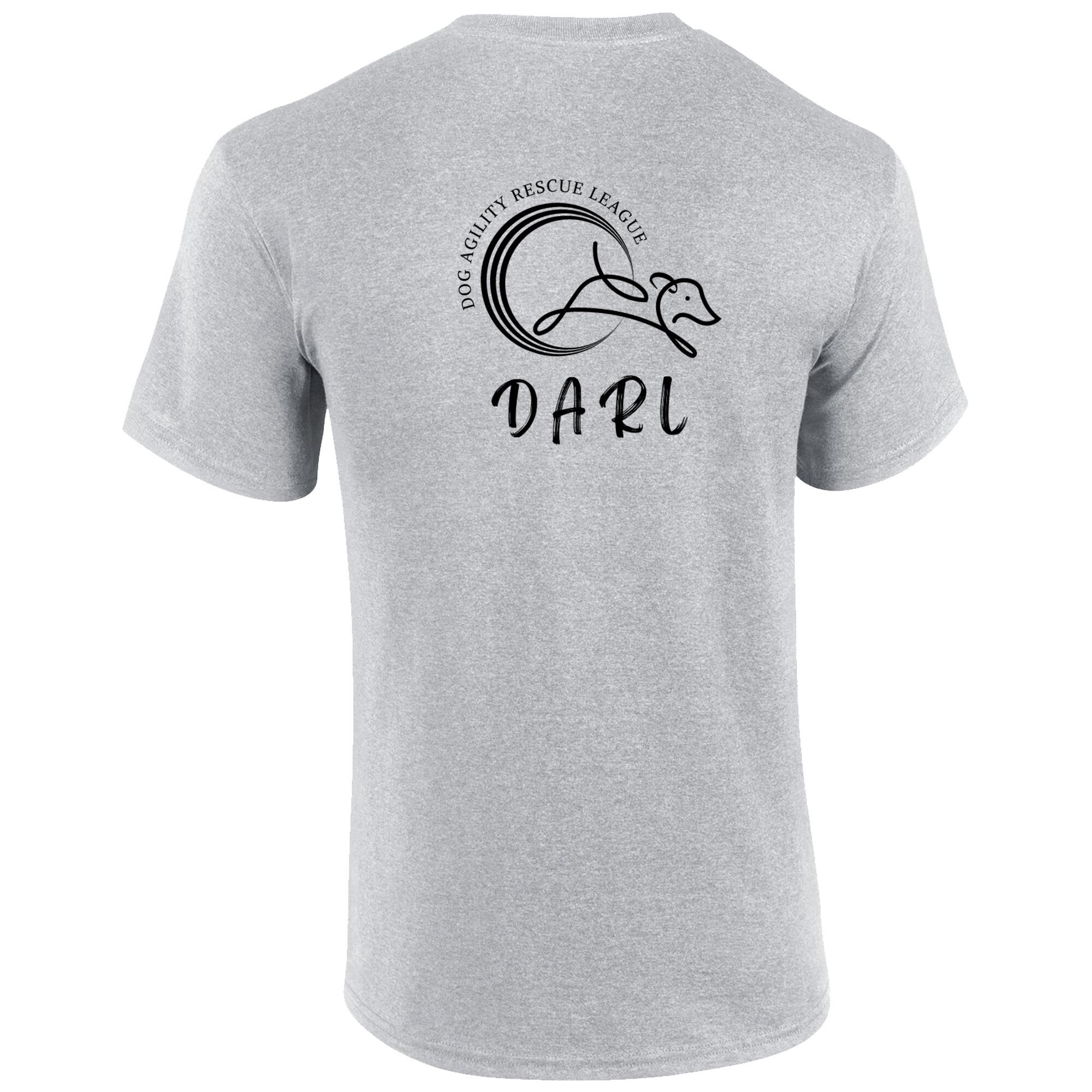 DARL Sports Grey Unisex T-Shirt 2025 featuring the iconic DARL logo, designed for comfort and style, supporting the Dog Agility Rescue League.