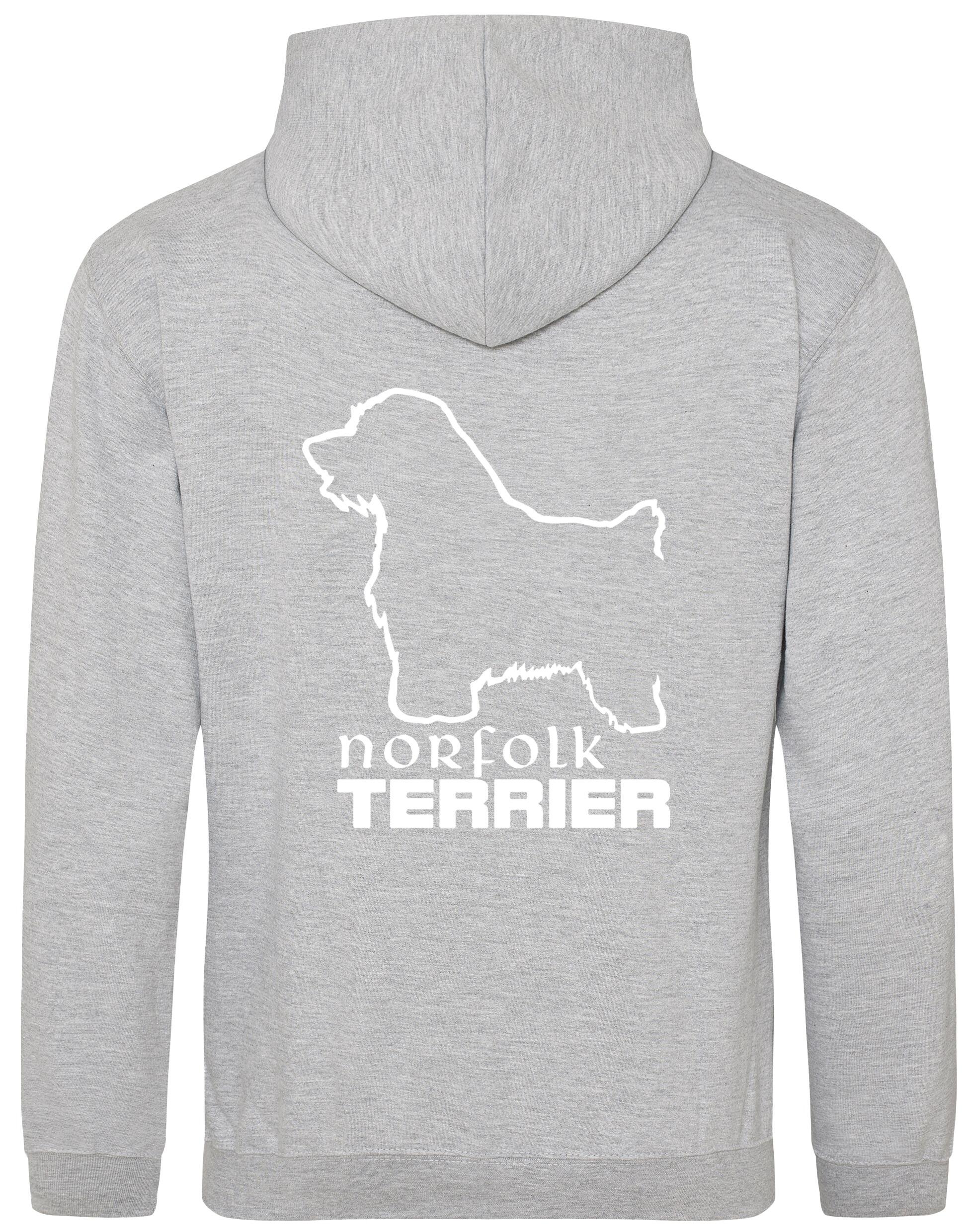 Norfolk Terrier Pullover Hoodie featuring exclusive breed artwork on the back, heavy-blend fabric with brushed fleece interior, and kangaroo pocket for warmth and comfort. A stylish and practical choice for Norfolk Terrier lovers.