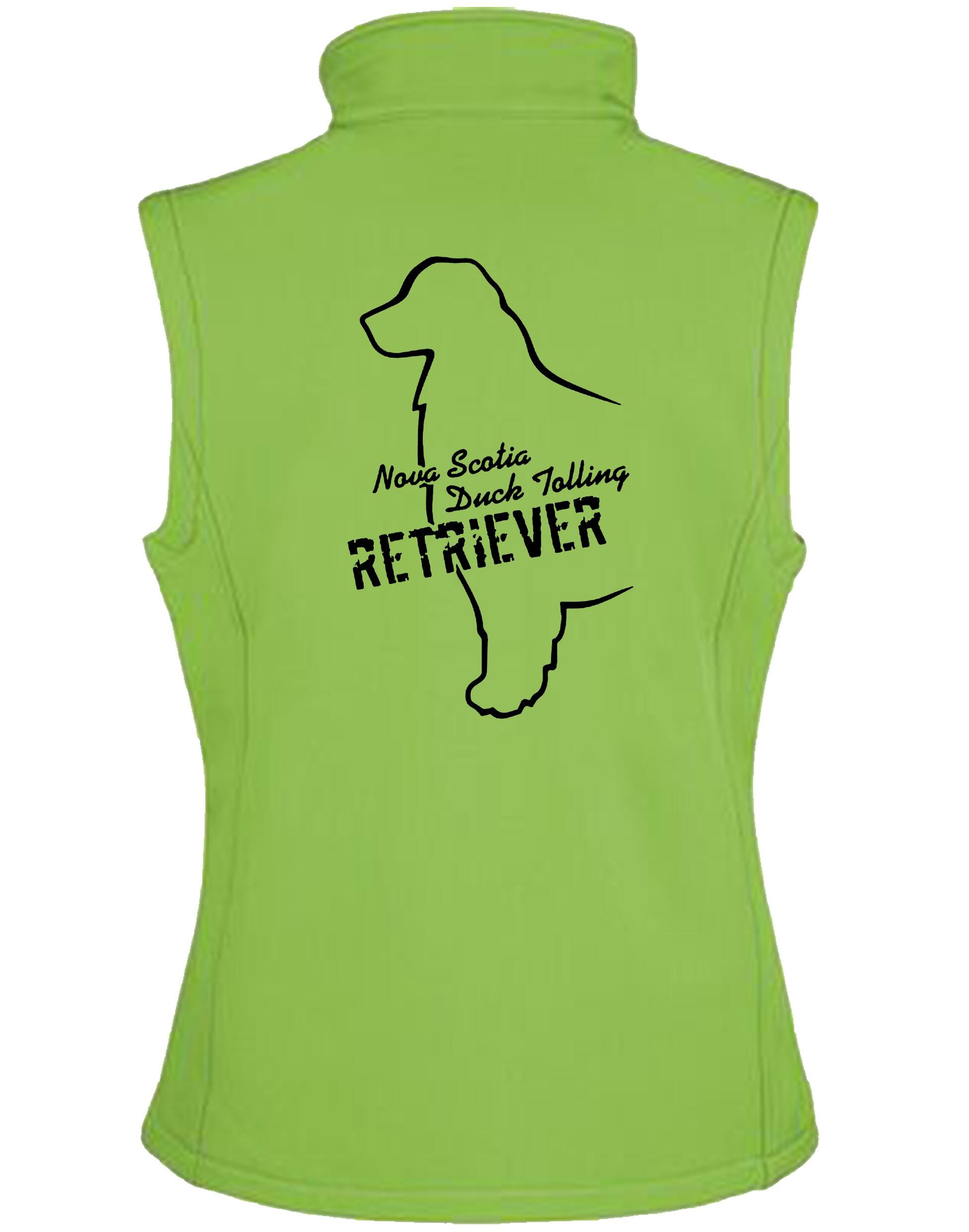 Women’s softshell gilet featuring an exclusive Nova Scotia Duck Tolling Retriever design. Water-resistant, fleece-lined, and perfect for layering. Ideal for dog events, outdoor adventures, and casual wear.