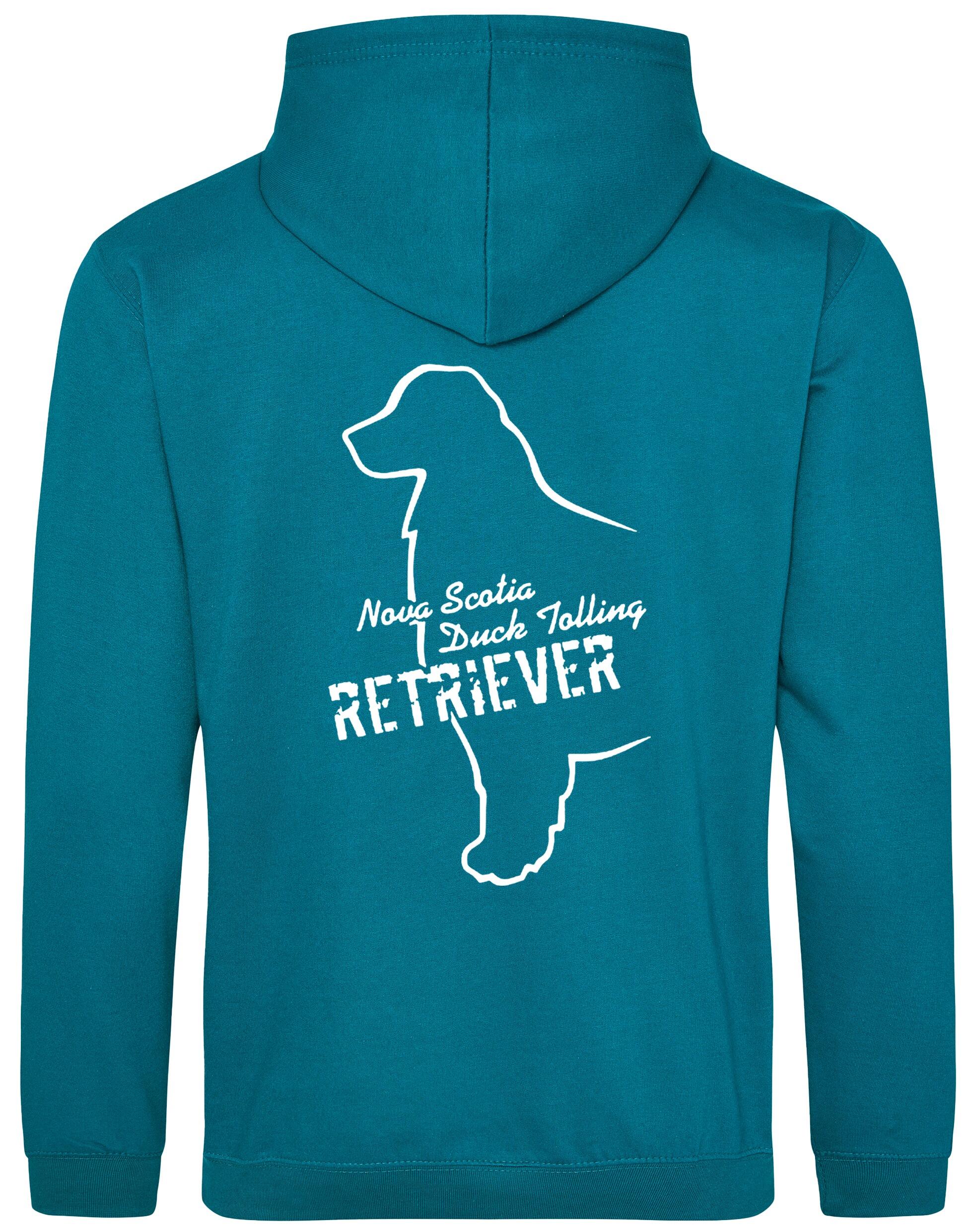 Soft fleece-lined Nova Scotia Duck Tolling Retriever pullover hoodie featuring a detailed breed design on the back. Includes a kangaroo pouch pocket, ribbed cuffs, and a double-fabric hood. Perfect for breed enthusiasts, casual wear, and outdoor adventures.