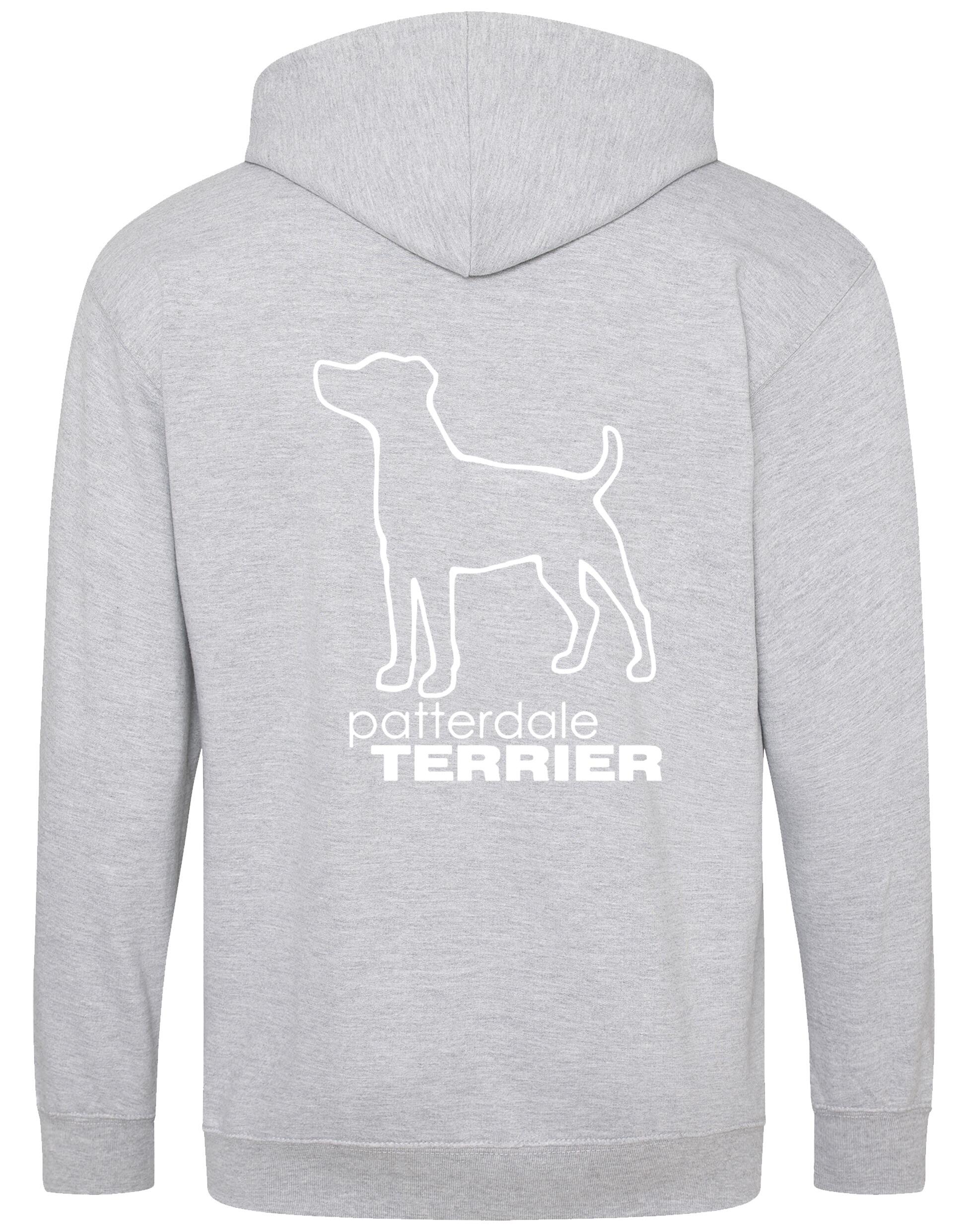 Patterdale Terrier Zipped Hoodie – high-quality, heavy-blend hoodie with an exclusive breed design, featuring a fleece-lined interior, front pockets, a full-zip closure, and a cozy double-fabric hood for ultimate comfort.