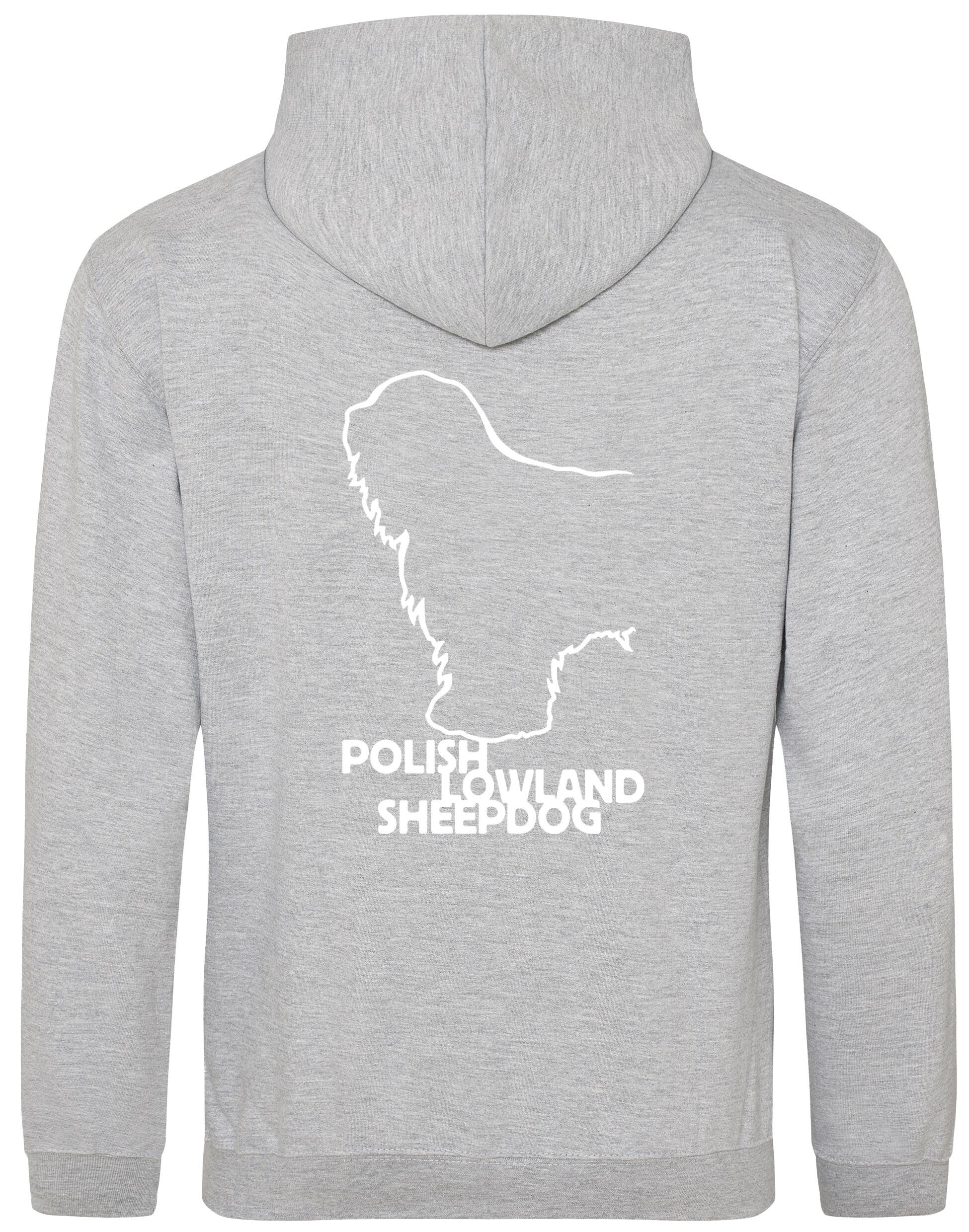 Polish Lowland Sheepdog Pullover Hoodie featuring exclusive breed artwork, heavy-blend fleece lining, kangaroo pocket, and a double-fabric hood for warmth and style.