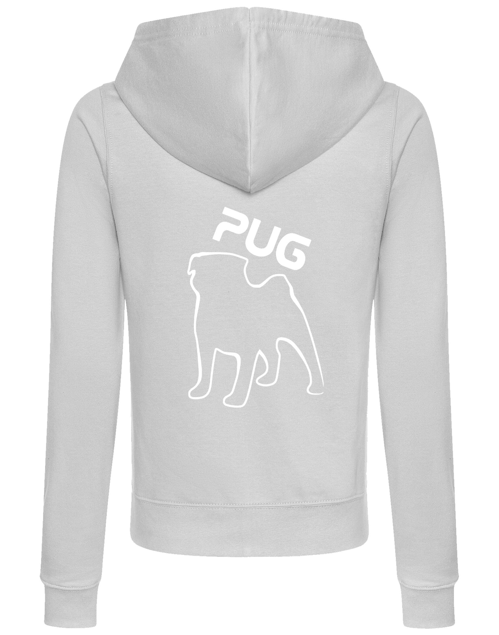 Women's Pug (Outline) Zipped Hoodie featuring exclusive outline artwork, crafted from premium breathable fabric with a cozy hood and practical front pockets for stylish, versatile comfort.