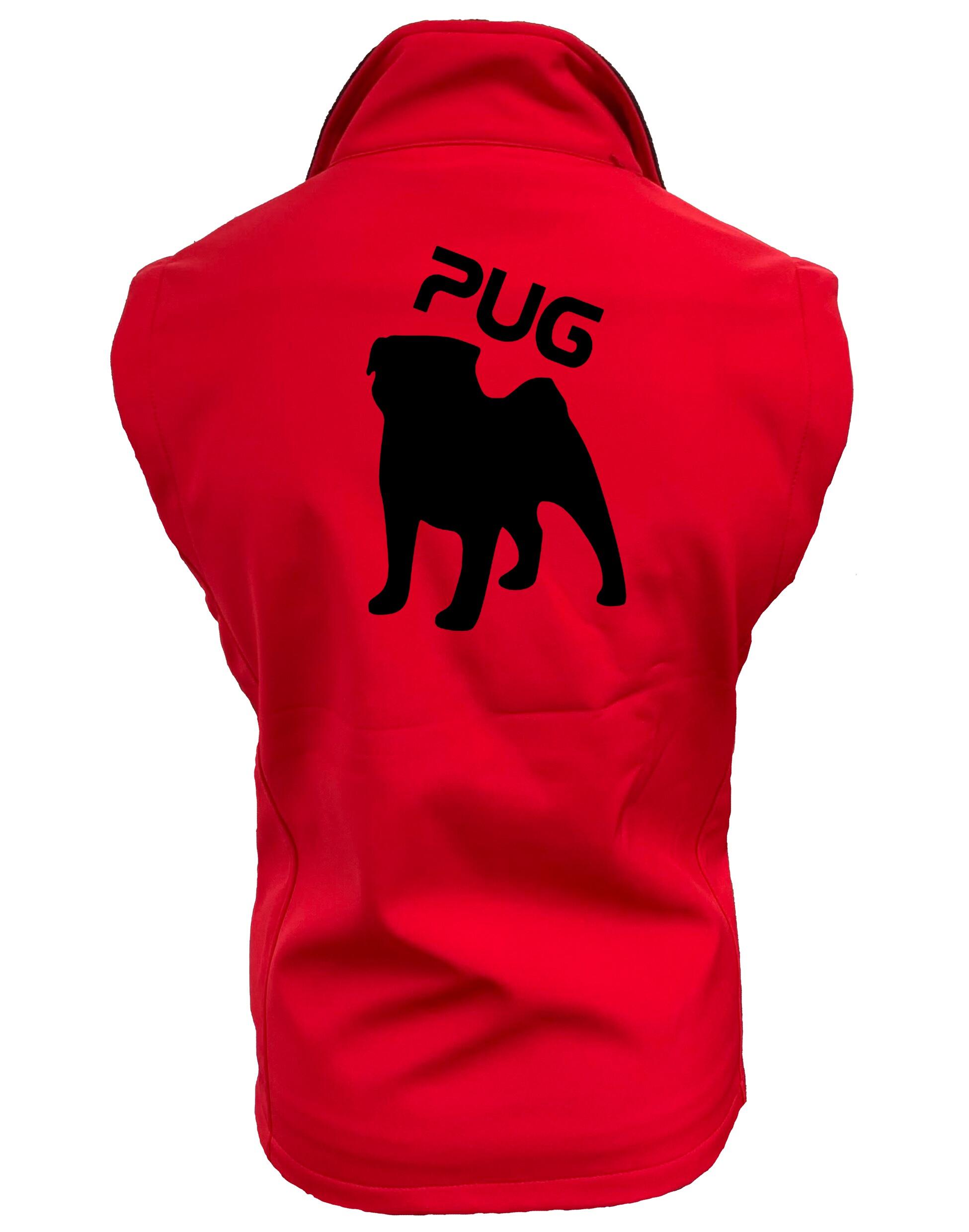 Women's Pug (Silhouette) Softshell Gilet featuring exclusive outline artwork, crafted from premium water-resistant fabric with a full-zip front and side pockets for practical, stylish outdoor wear.