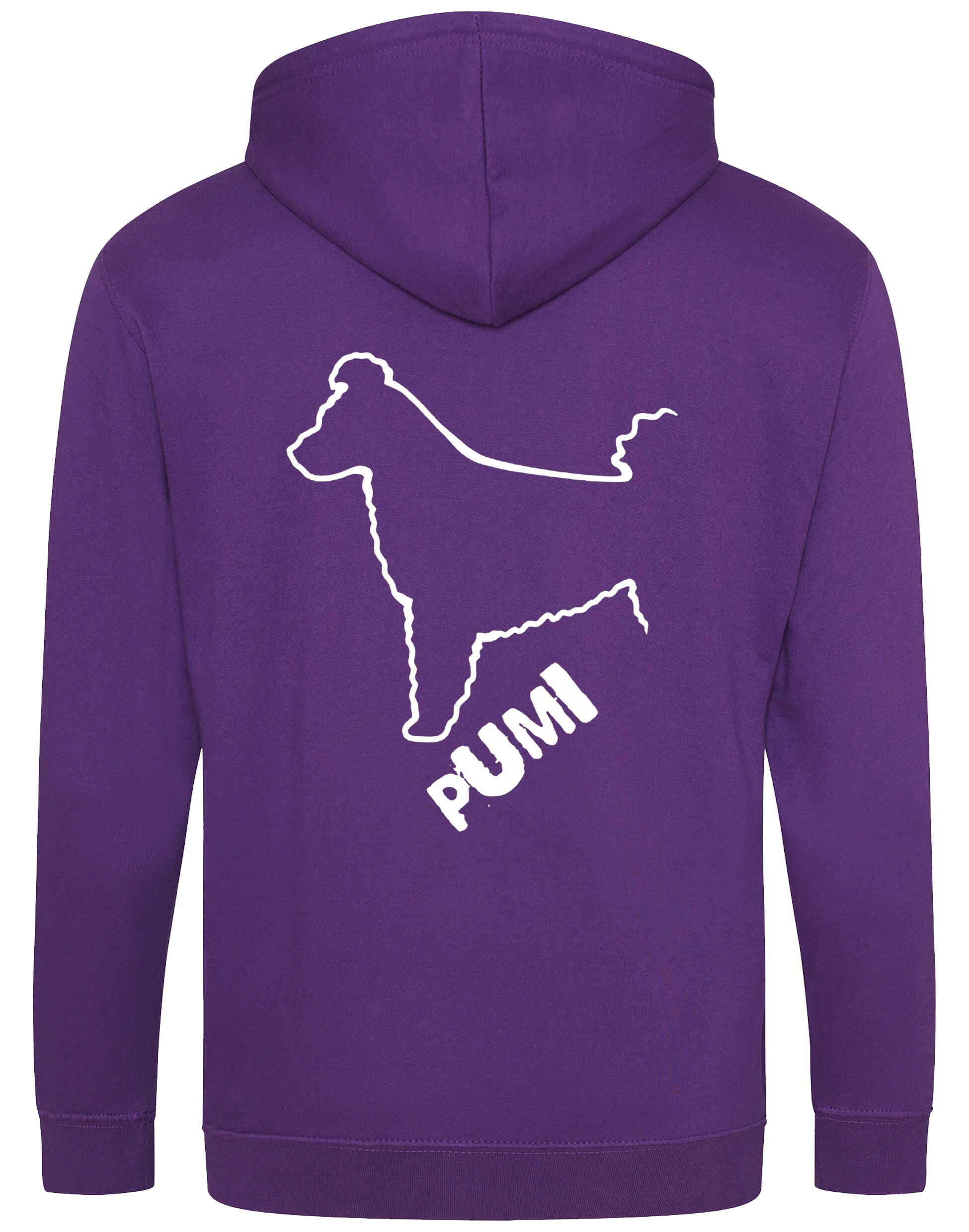 Unisex Hungarian Pumi Zipped Hoodie featuring exclusive breed artwork with personalization options, crafted from premium heavy-blend fabric with a cozy brushed fleece interior, full-zip closure, and a spacious kangaroo pocket for stylish, comfortable outdoor wear.