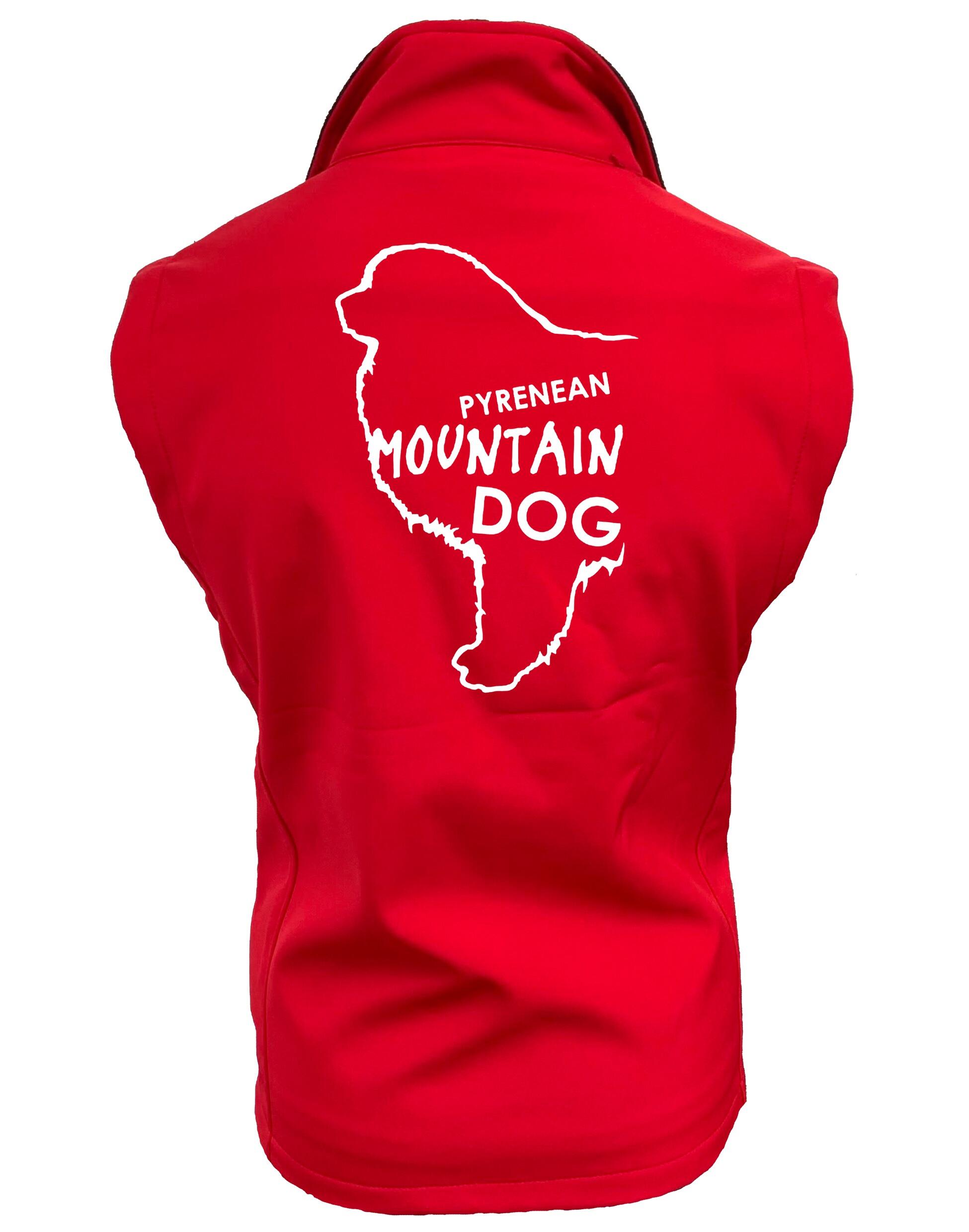 Women's Pyrenean Mountain Dog Softshell Gilet featuring exclusive breed artwork with personalization options, crafted from premium water-resistant fabric with a cozy fleece lining, a full-zip front, and side pockets for stylish, versatile outdoor wear.