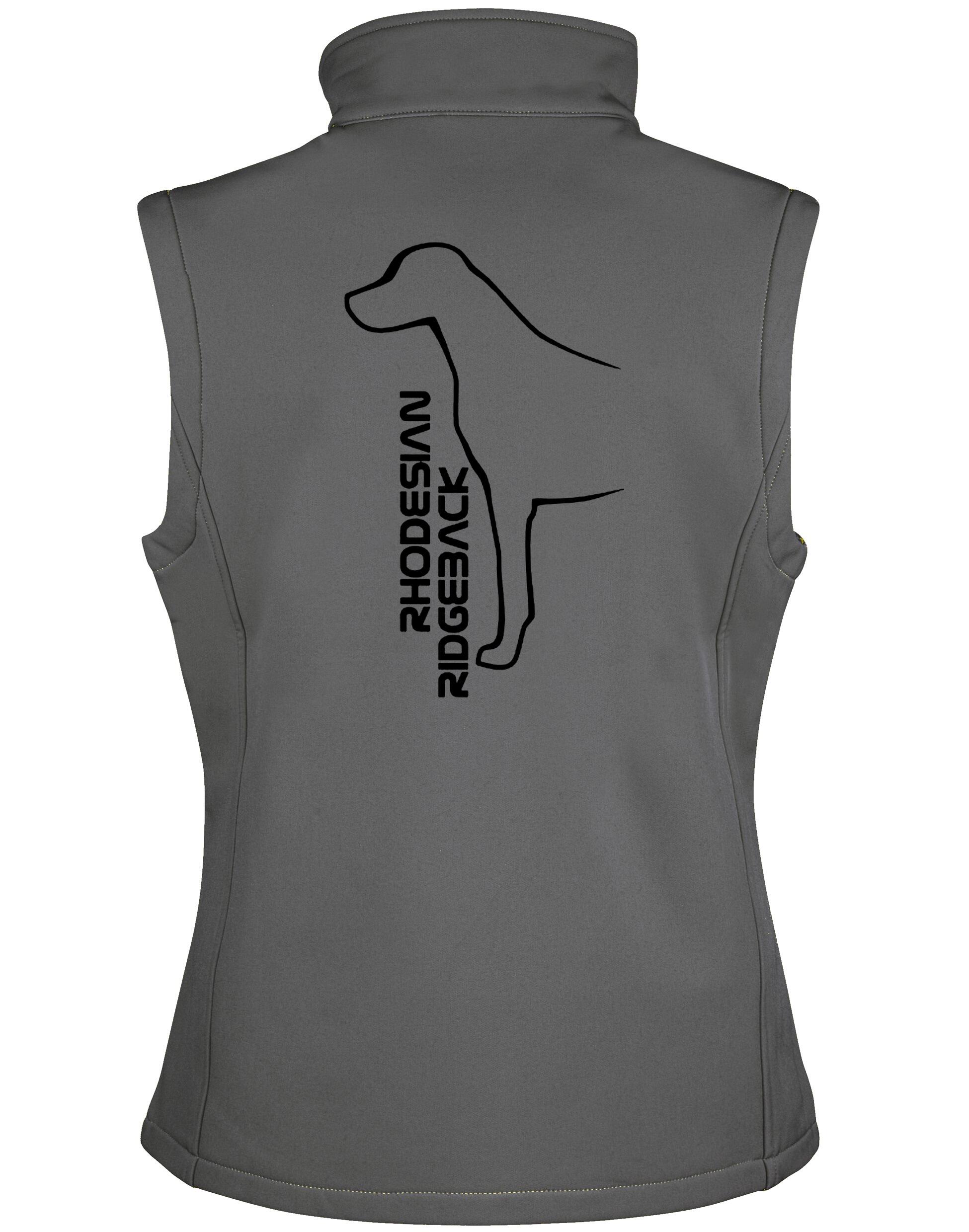 Rhodesian Ridgeback Women’s Softshell Gilet featuring exclusive breed artwork, a tailored fit, and water-resistant fleece-lined design for comfort and style.