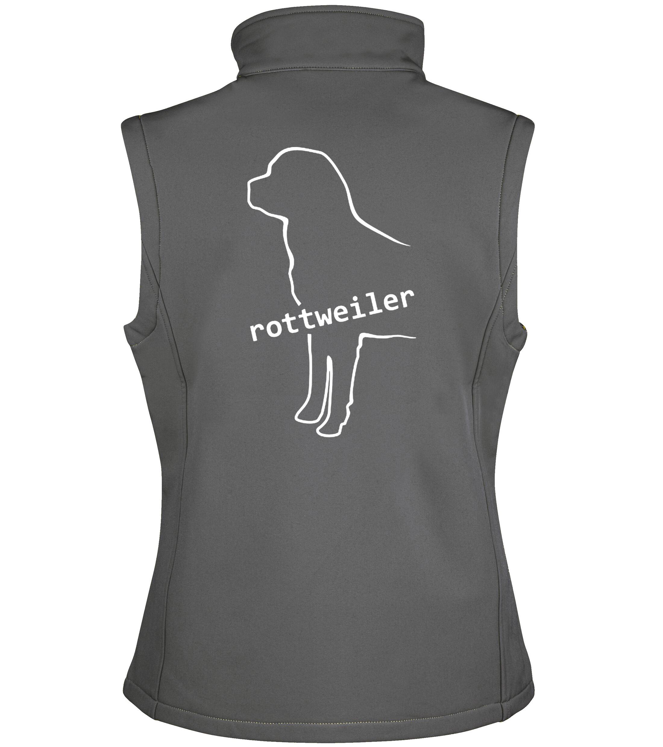 Rottweiler Women’s Softshell Jacket featuring exclusive breed artwork, water-resistant outer fabric, soft fleece lining, and a flattering feminine fit for comfort, warmth, and style.