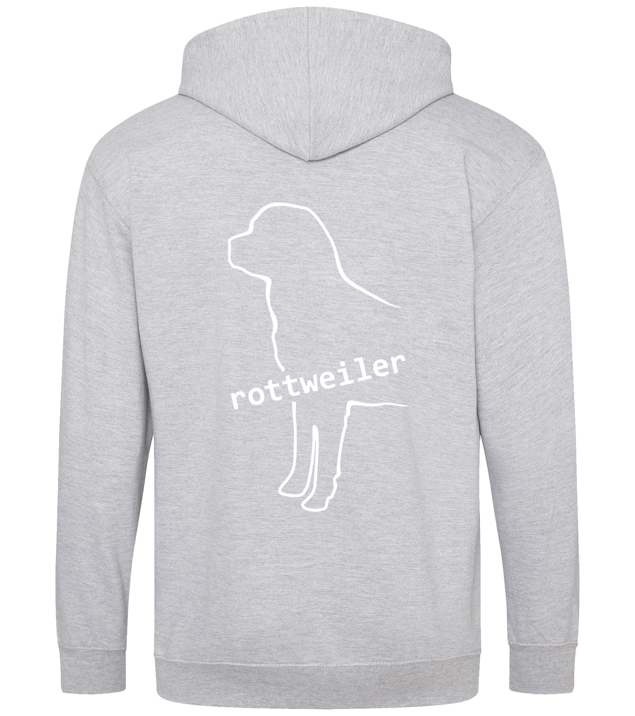 Rottweiler Zipped Hoodie featuring exclusive breed artwork, soft fleece interior, heavy-blend fabric, full-zip closure, double-fabric hood, spacious front pockets, and personalization options for breed enthusiasts.