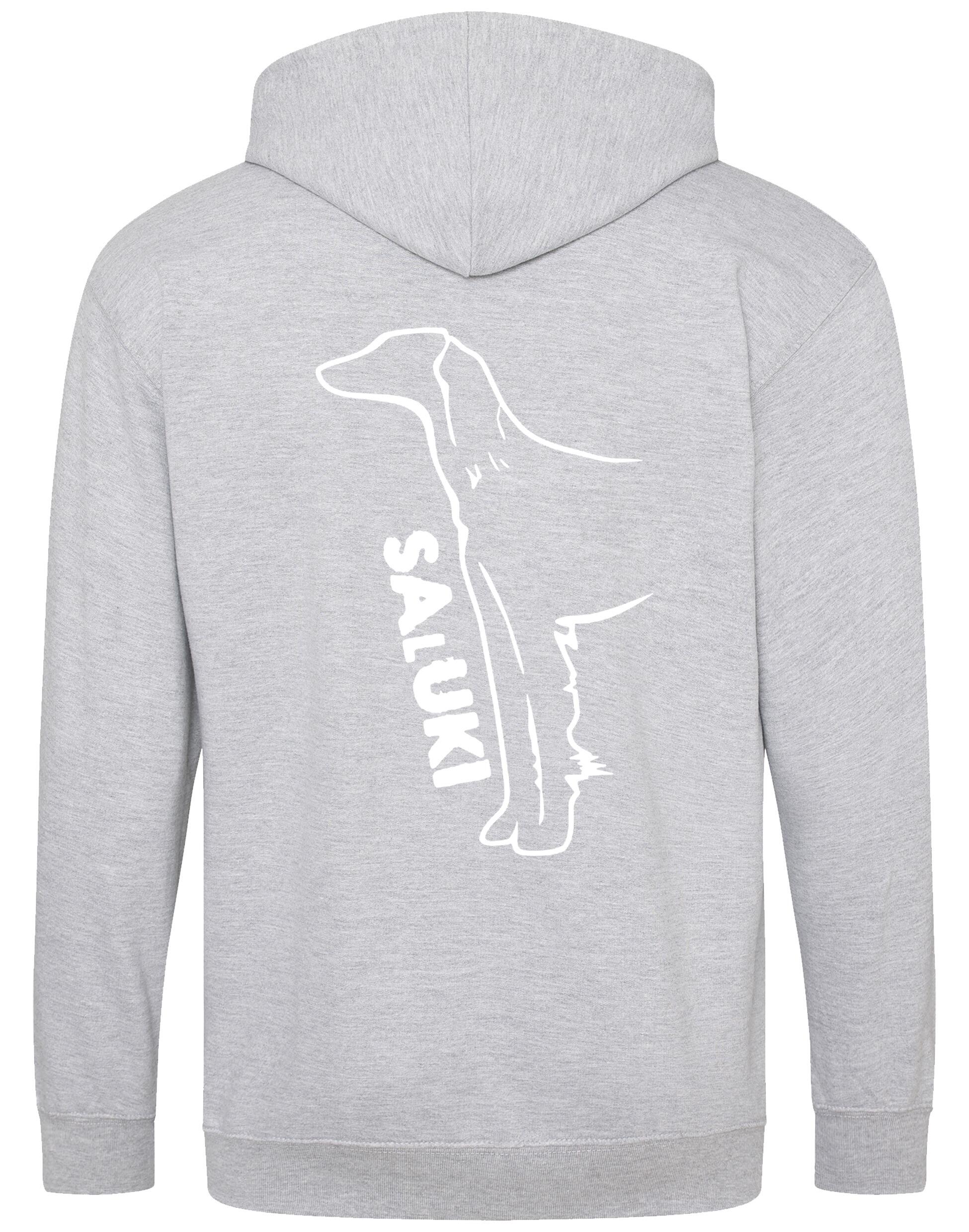 Saluki Zipped Hoodie featuring exclusive breed artwork, soft fleece interior, heavy-blend fabric, full-zip closure, double-fabric hood, spacious front pockets, and personalization options for breed enthusiasts.