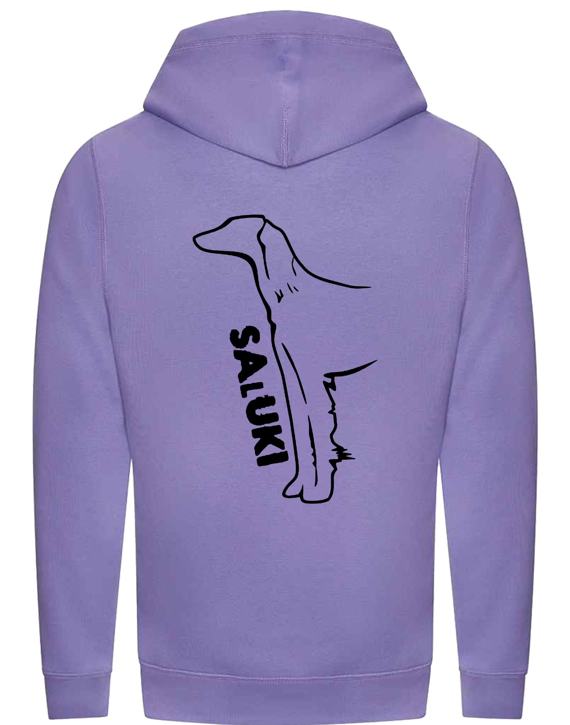 Saluki Crossneck Pullover Hoodie featuring exclusive breed artwork, soft fleece interior, heavy-blend fabric, modern crossneck design, kangaroo pocket, ribbed cuffs and hem, and relaxed unisex fit for breed enthusiasts.