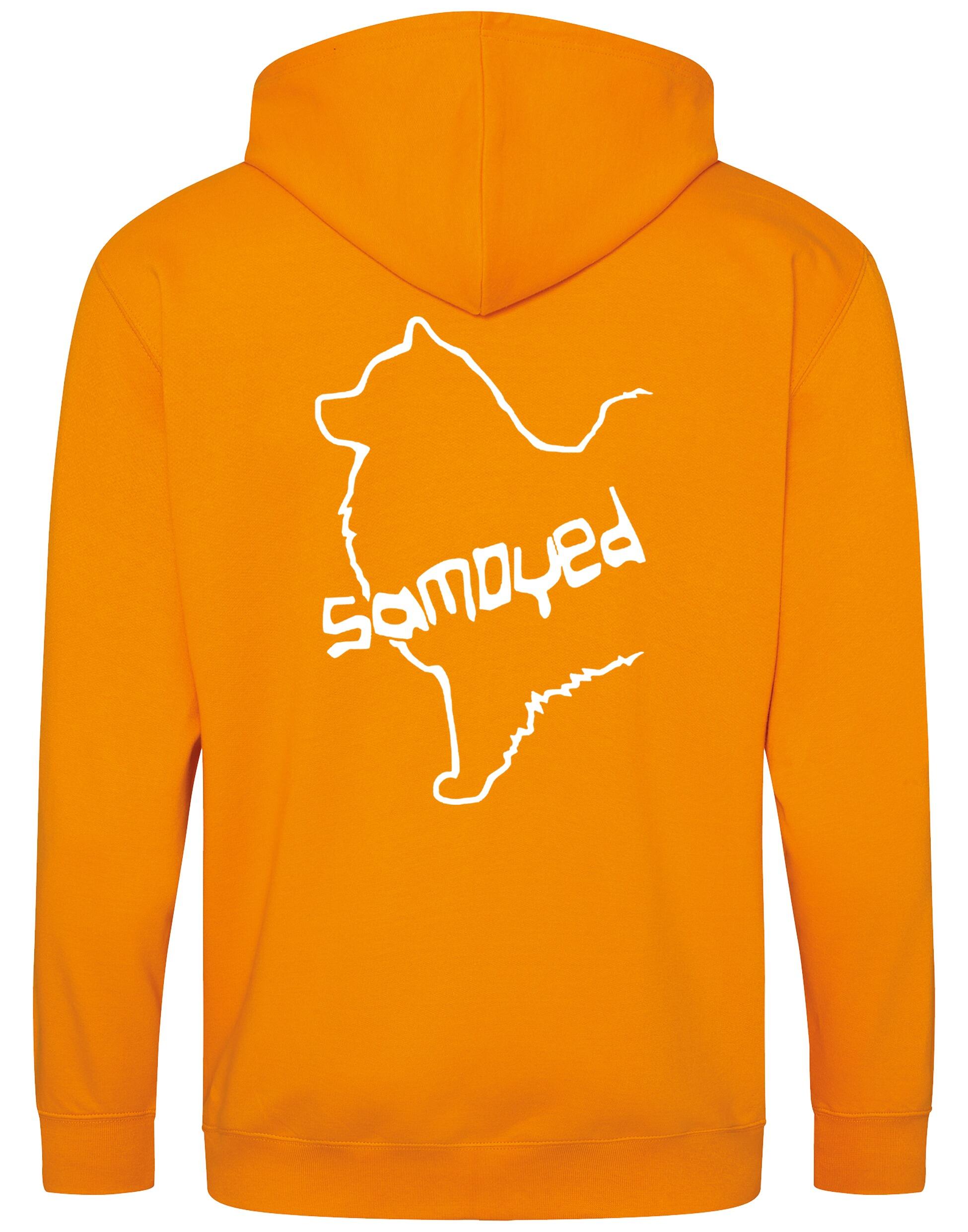 Samoyed Zipped Hoodie featuring exclusive breed artwork, soft fleece interior, heavy-blend fabric, full-zip front, double-fabric hood, spacious front pockets, and personalization options for breed enthusiasts.