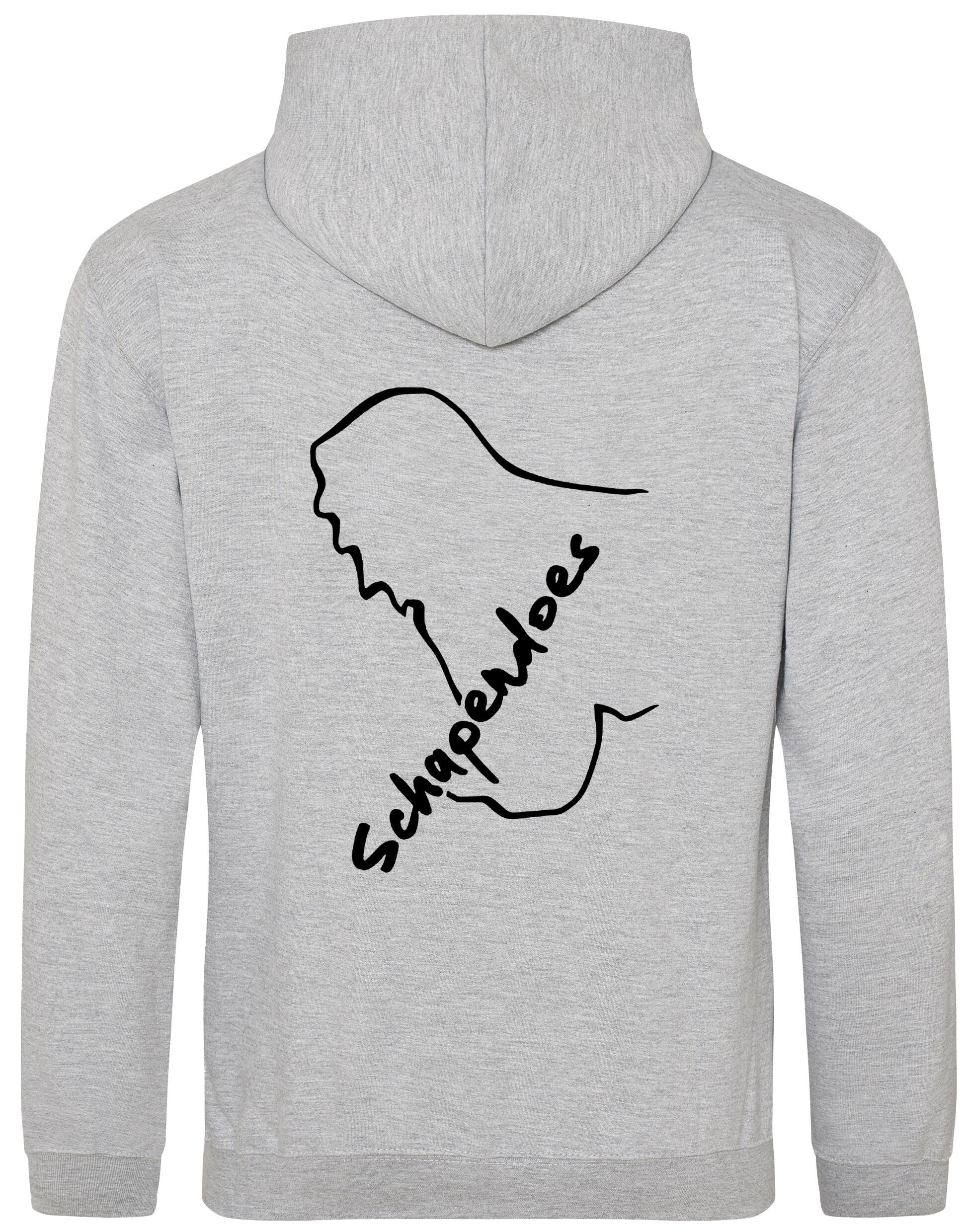 Schapendoes Pullover Hoodie featuring exclusive breed artwork, cozy brushed fleece interior, kangaroo pocket, double-fabric hood, and personalization options for stylish comfort and breed pride.