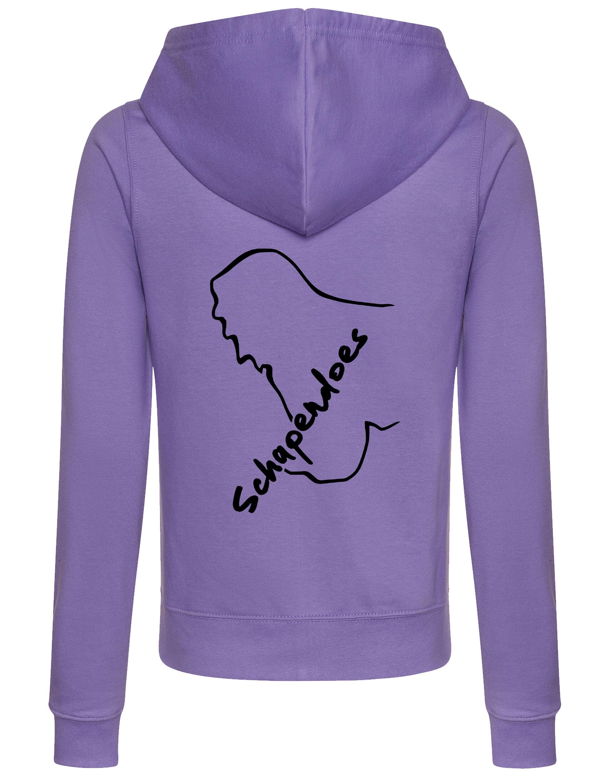 Schapendoes Women’s Zipped Hoodie featuring exclusive breed artwork, breathable fabric, full-zip closure, feminine fit, front pockets, and hood for stylish comfort and breed pride.